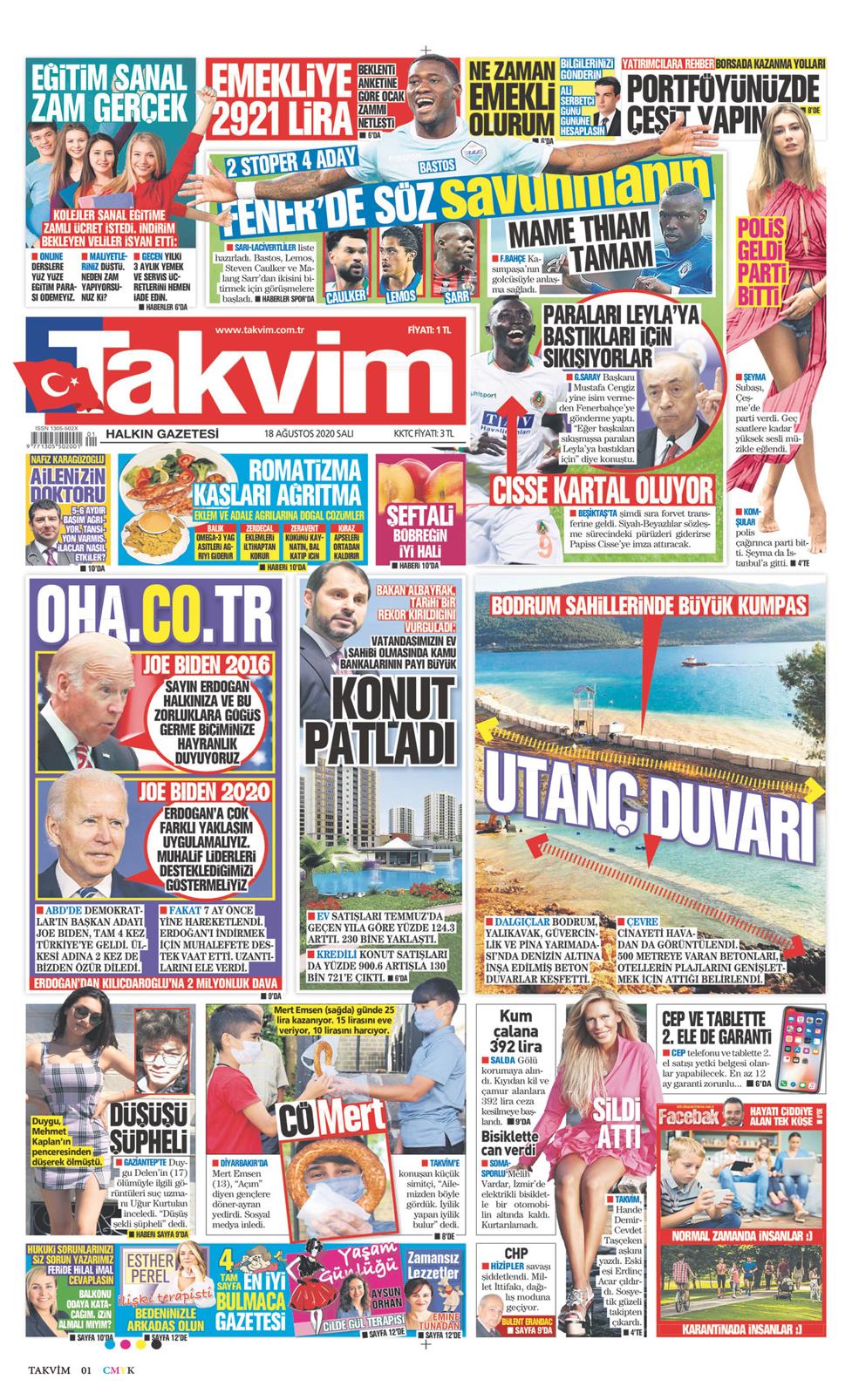 18 Ağustos 2020 Salı - Takvim gazetesi manşet