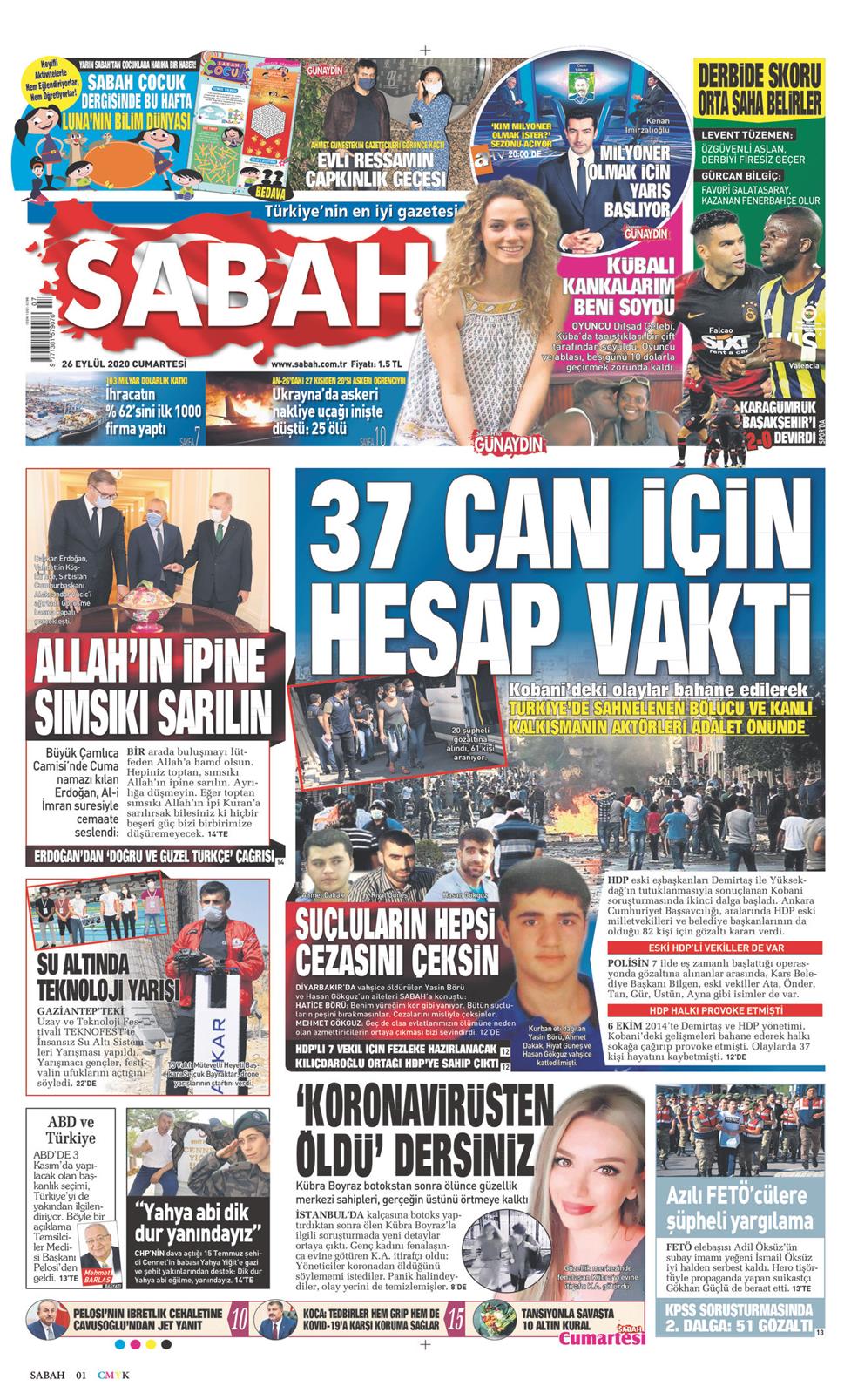 26 Eylül 2020 Cumartesi - Sabah gazetesi manşet