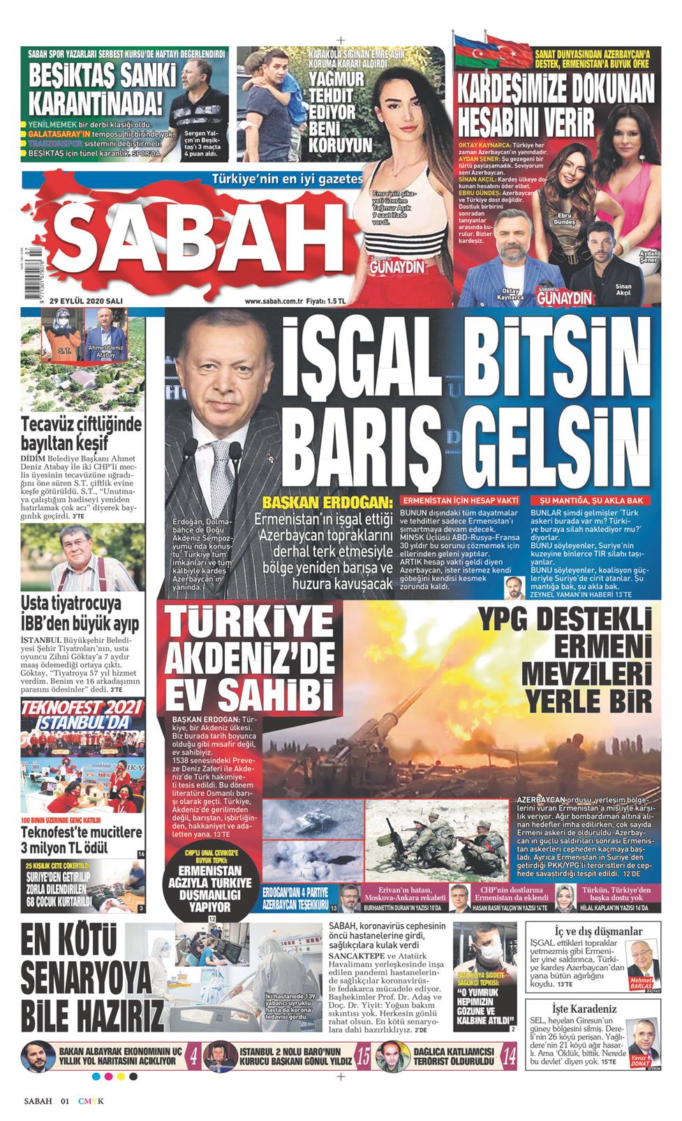 29 Eylül 2020 Salı - Sabah gazetesi manşet