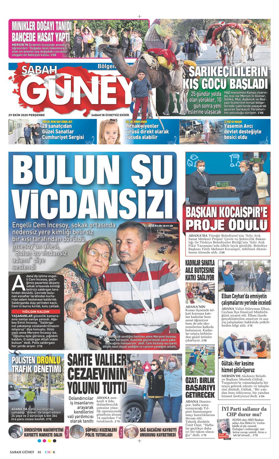 29 Ekim 2020 Perşembe - Sabah Güney gazetesi manşet