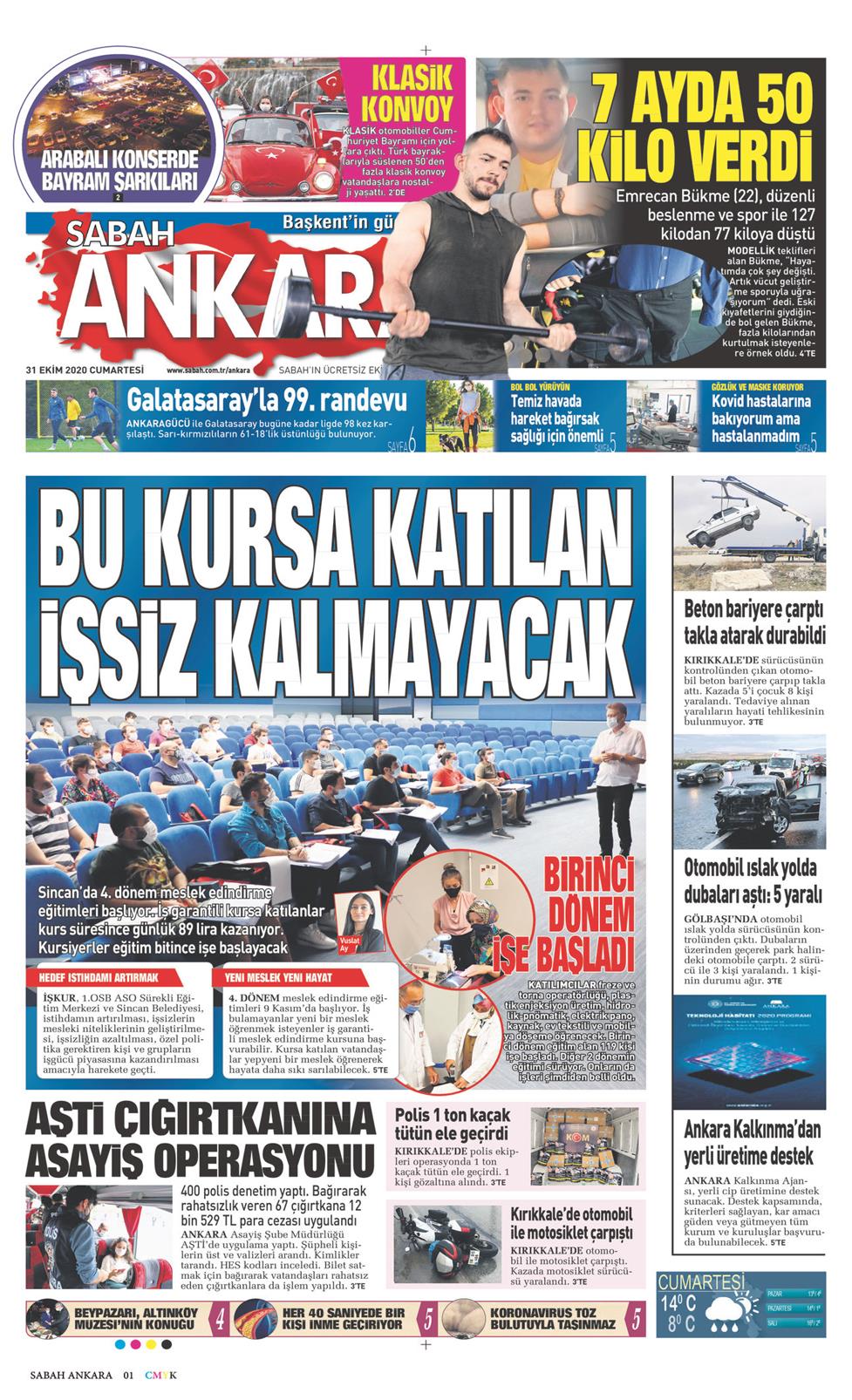 31 Ekim 2020 Cumartesi - Sabah Ankara gazetesi manşet