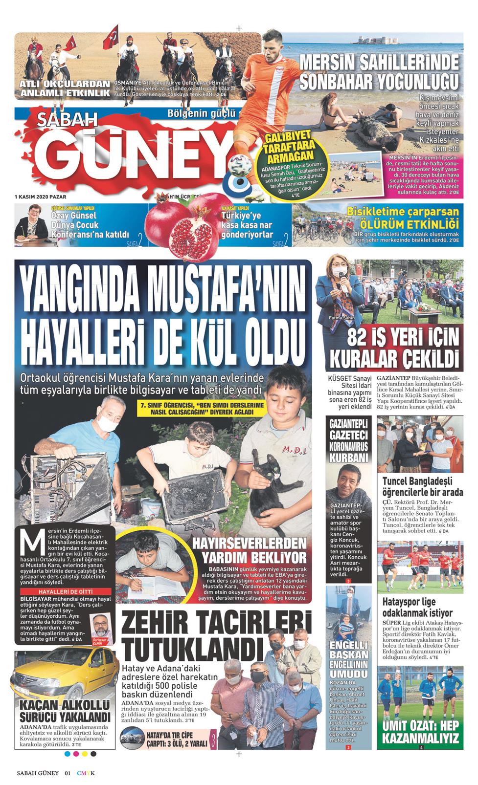 01 Kasım 2020 Pazar - Sabah Güney gazetesi manşet