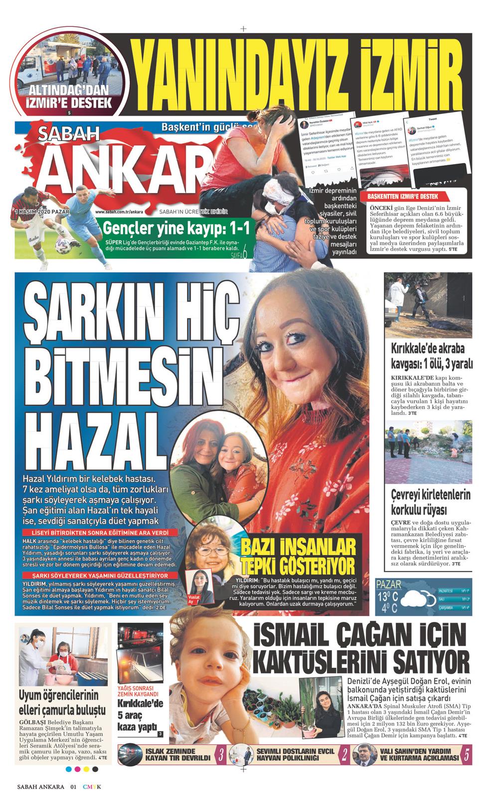 01 Kasım 2020 Pazar - Sabah Ankara gazetesi manşet