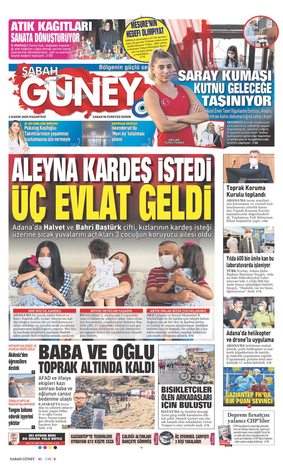 02 Kasım 2020 Pazartesi - Sabah Güney gazetesi manşet