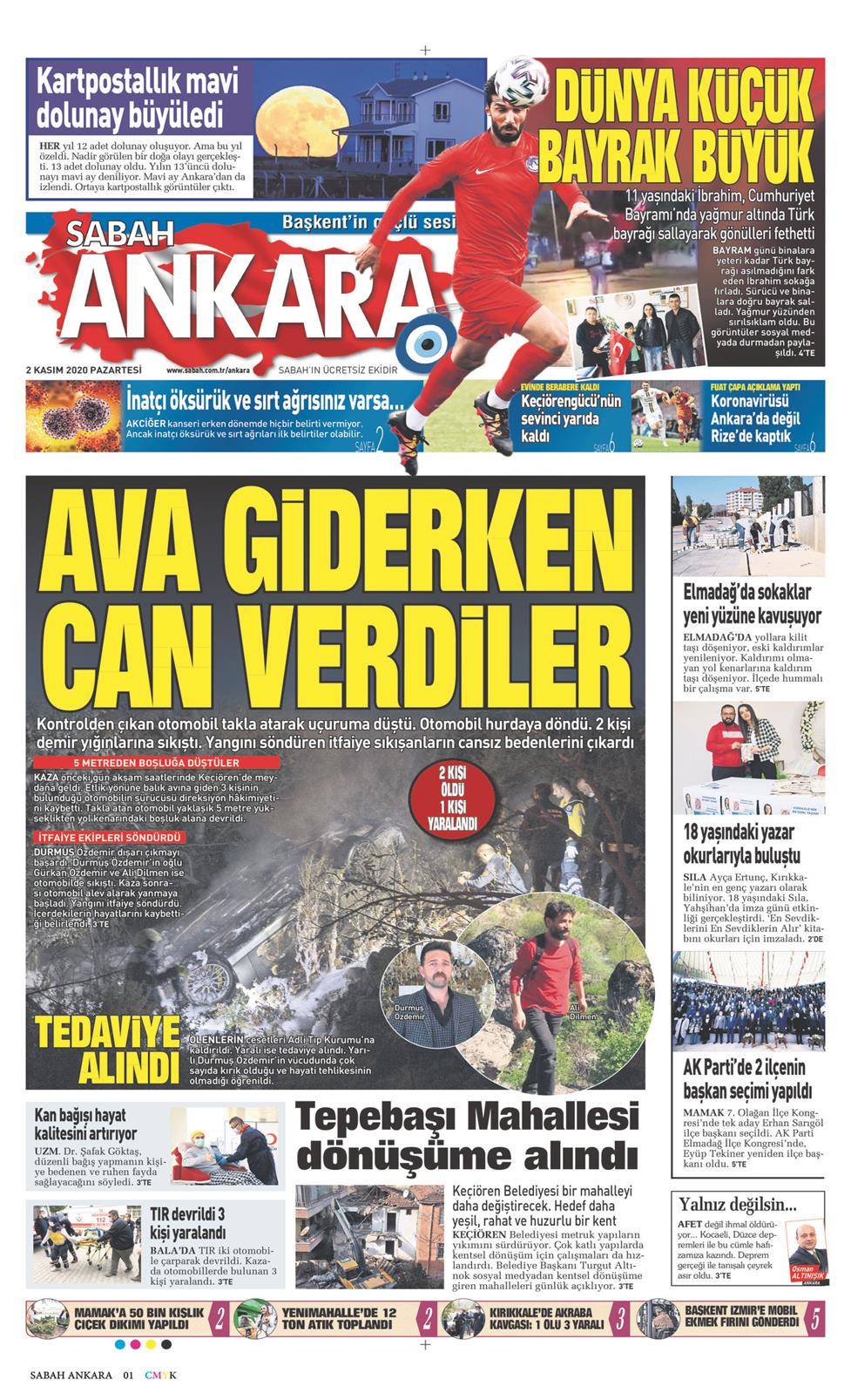 02 Kasım 2020 Pazartesi - Sabah Ankara gazetesi manşet