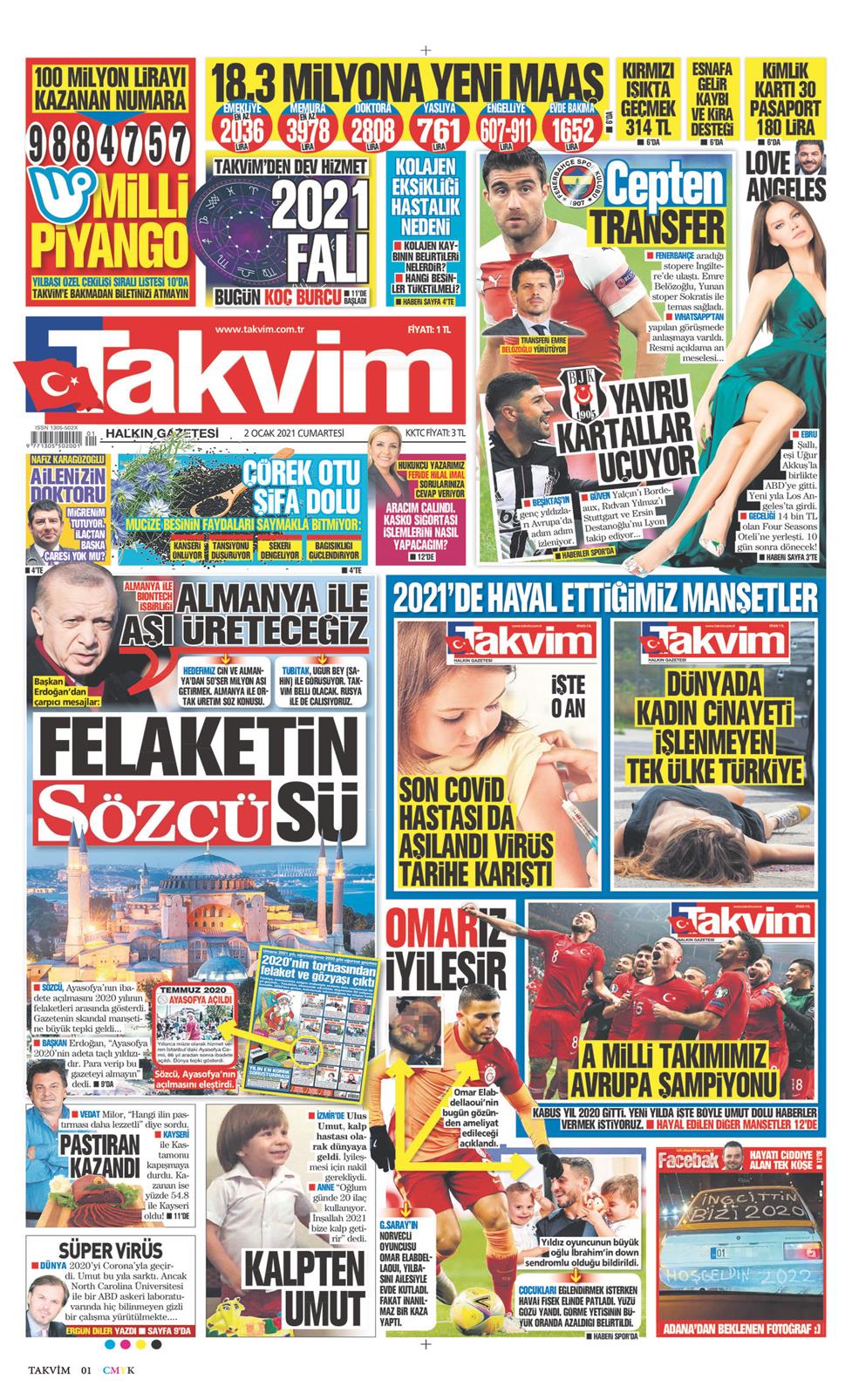 02 Ocak 2021 Cumartesi - Takvim gazetesi manşet