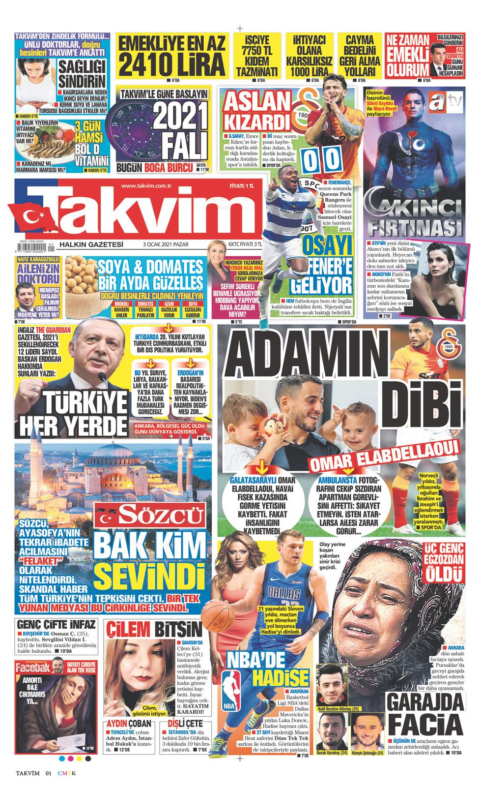 03 Ocak 2021 Pazar - Takvim gazetesi manşet