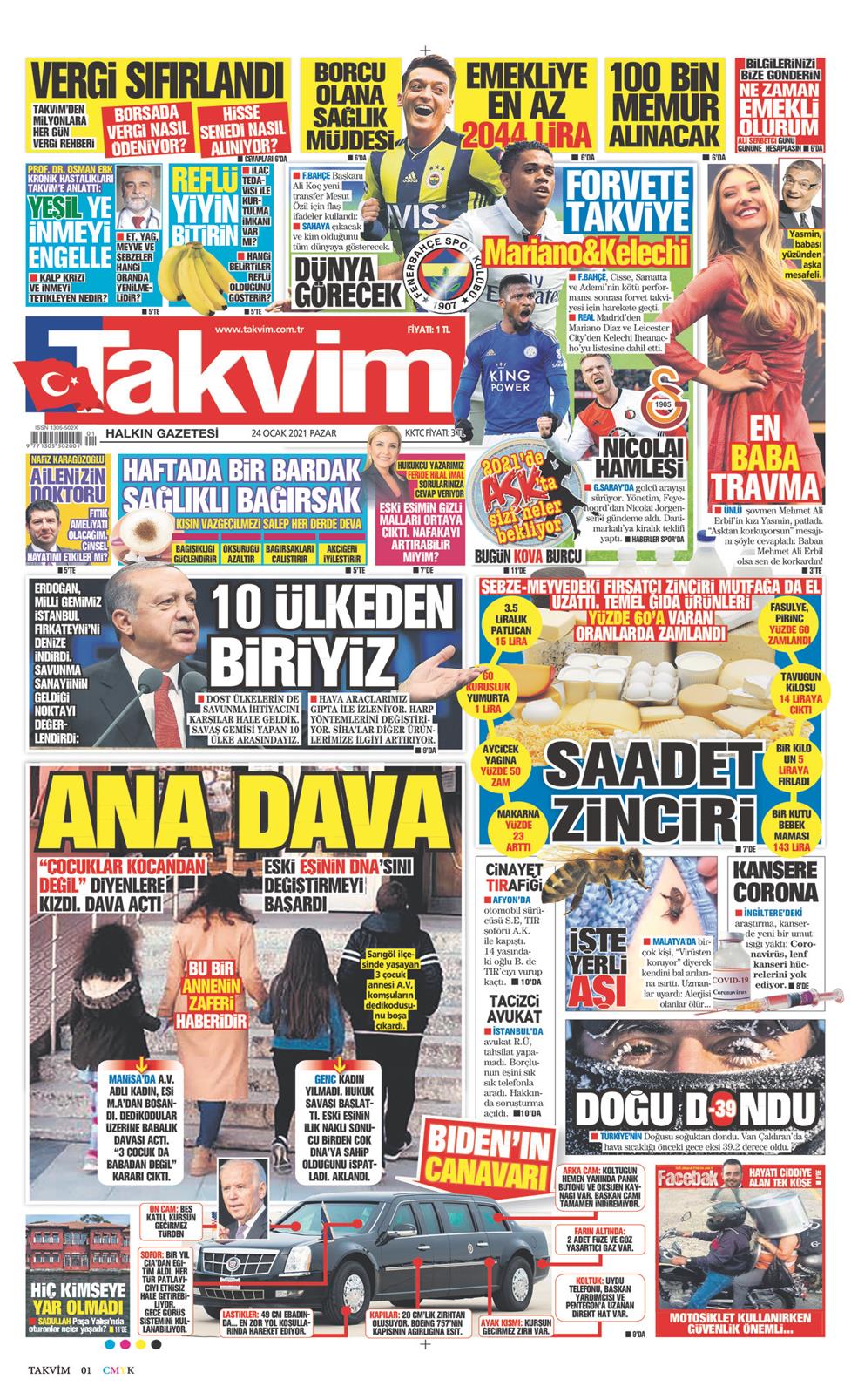 24 Ocak 2021 Pazar - Takvim gazetesi manşet