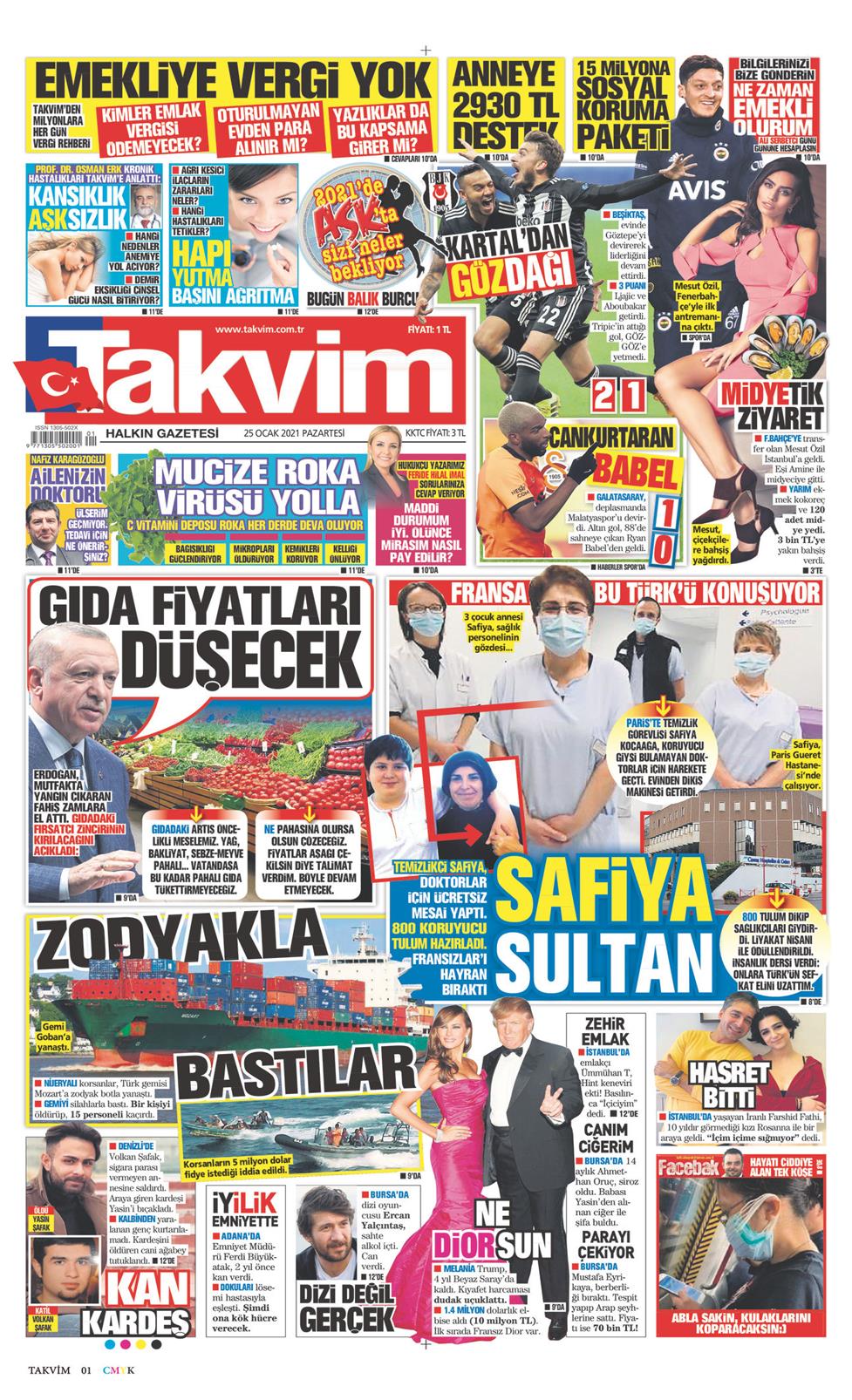 25 Ocak 2021 Pazartesi - Takvim gazetesi manşet