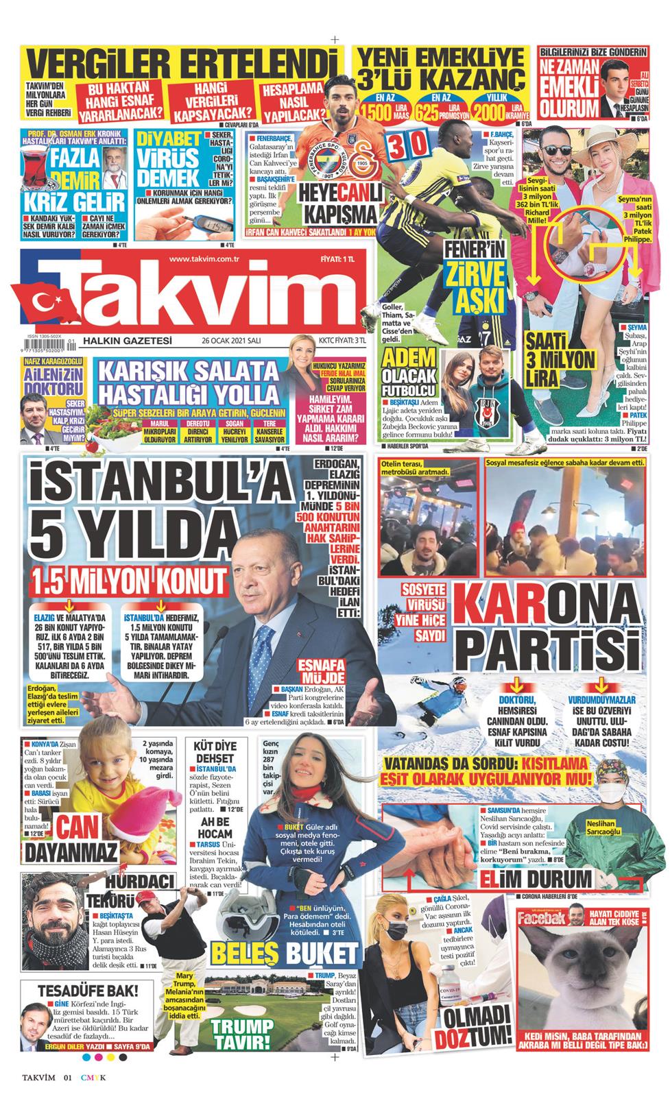 26 Ocak 2021 Salı - Takvim gazetesi manşet