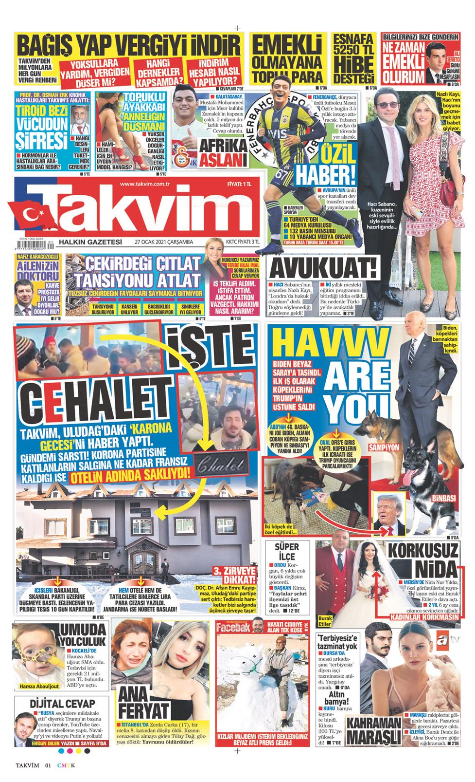 27 Ocak 2021 Çarşamba - Takvim gazetesi manşet