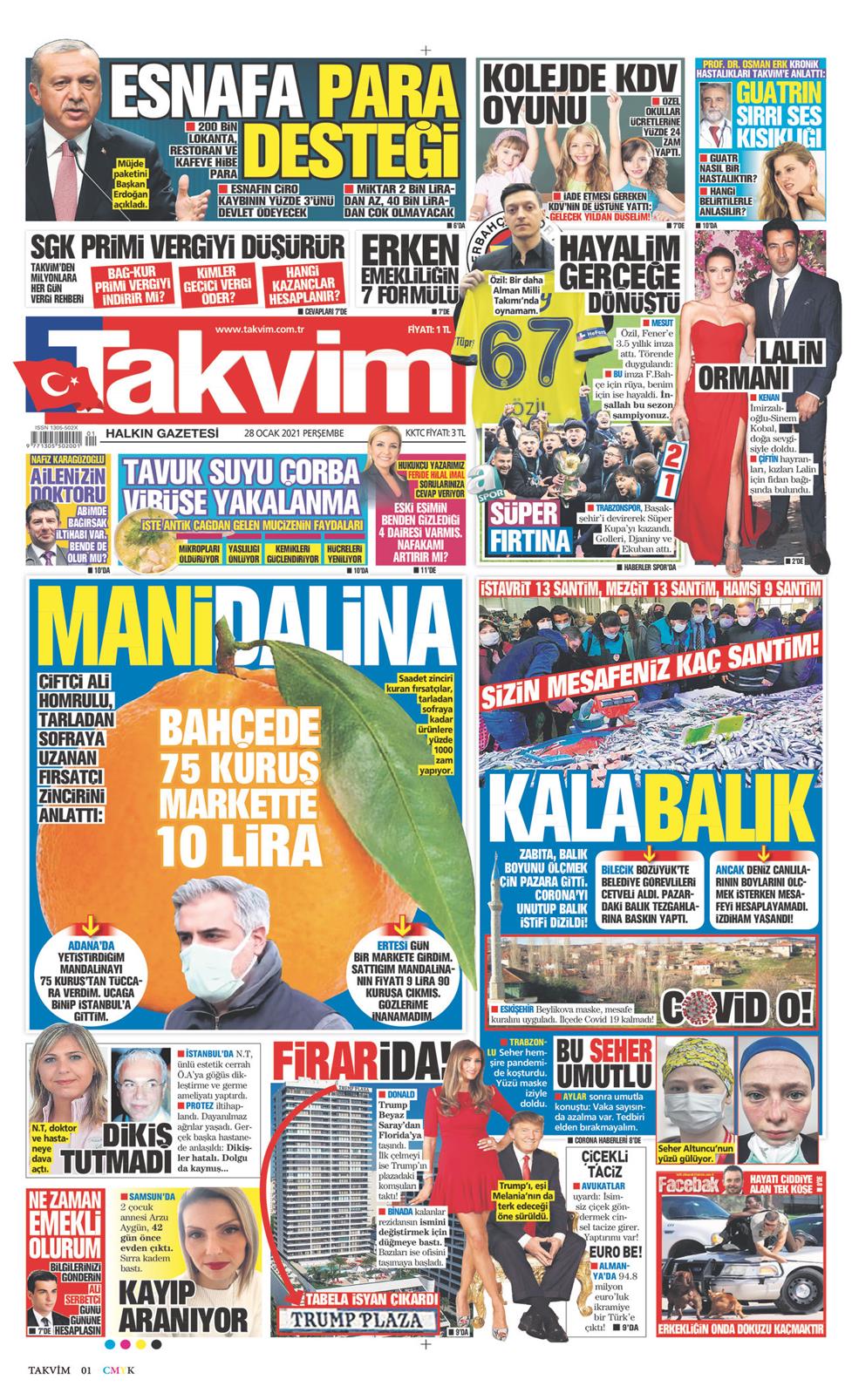 28 Ocak 2021 Perşembe - Takvim gazetesi manşet