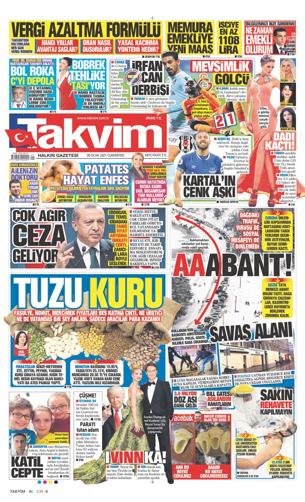 30 Ocak 2021 Cumartesi - Takvim gazetesi manşet