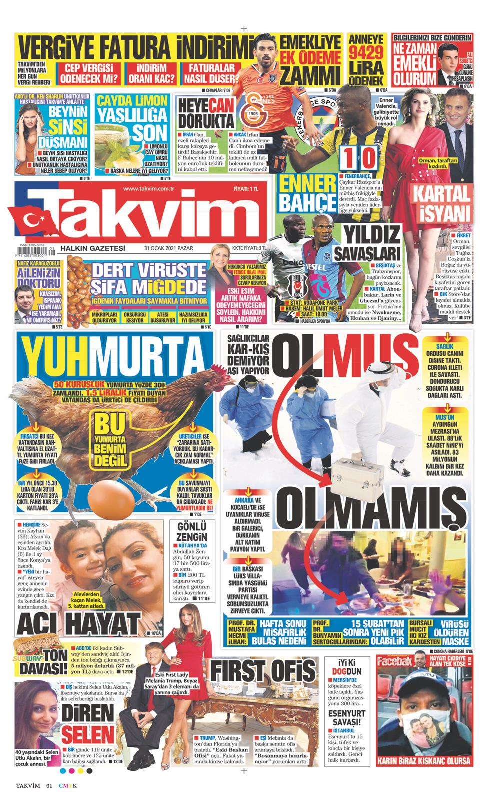 31 Ocak 2021 Pazar - Takvim gazetesi manşet