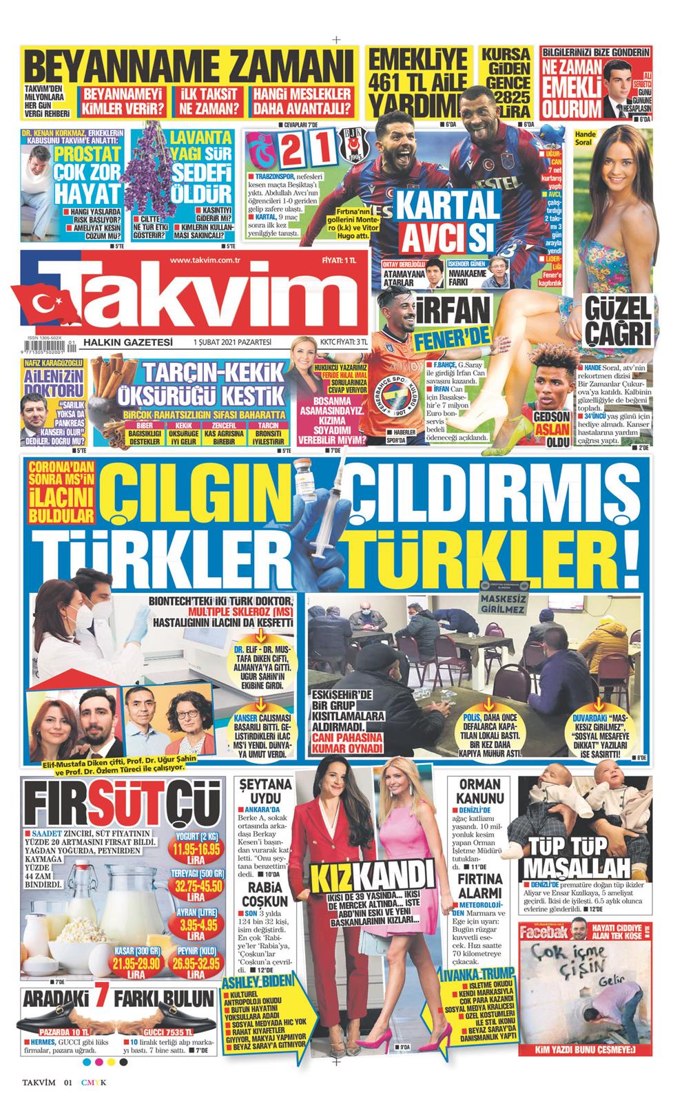 01 Şubat 2021 Pazartesi - Takvim gazetesi manşet