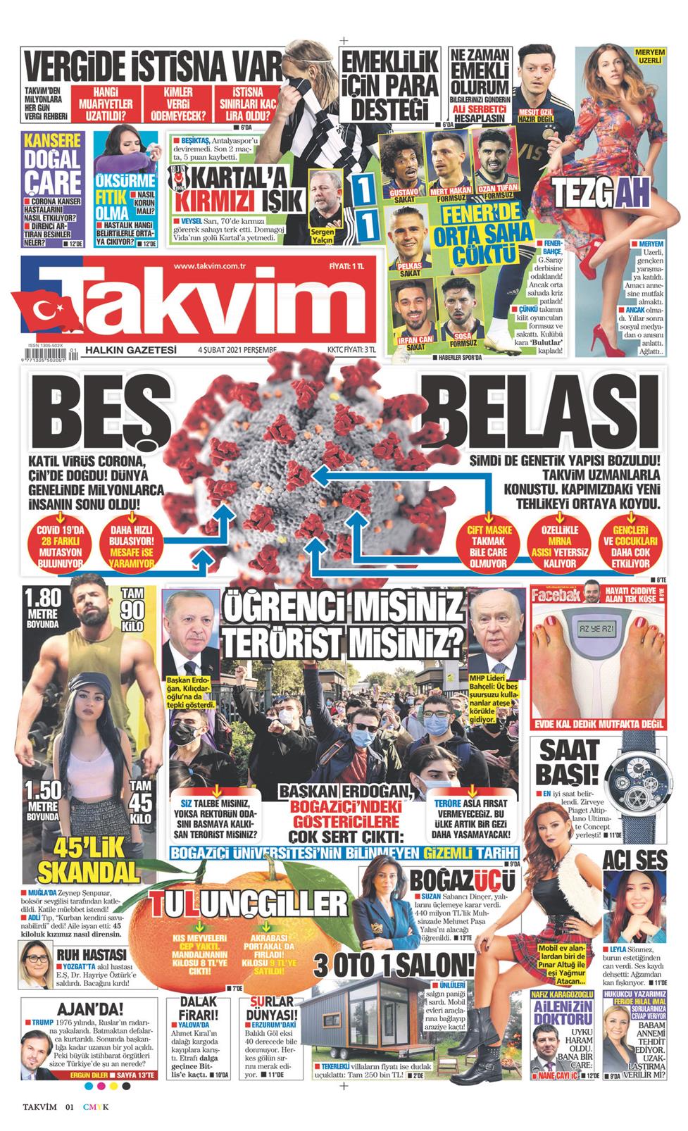 04 Şubat 2021 Perşembe - Takvim gazetesi manşet