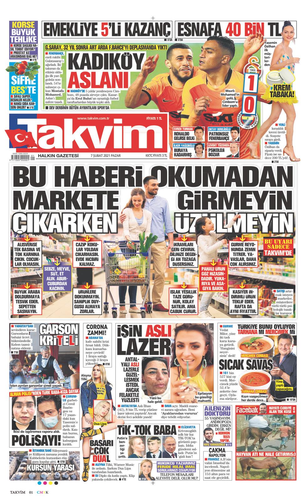 07 Şubat 2021 Pazar - Takvim gazetesi manşet