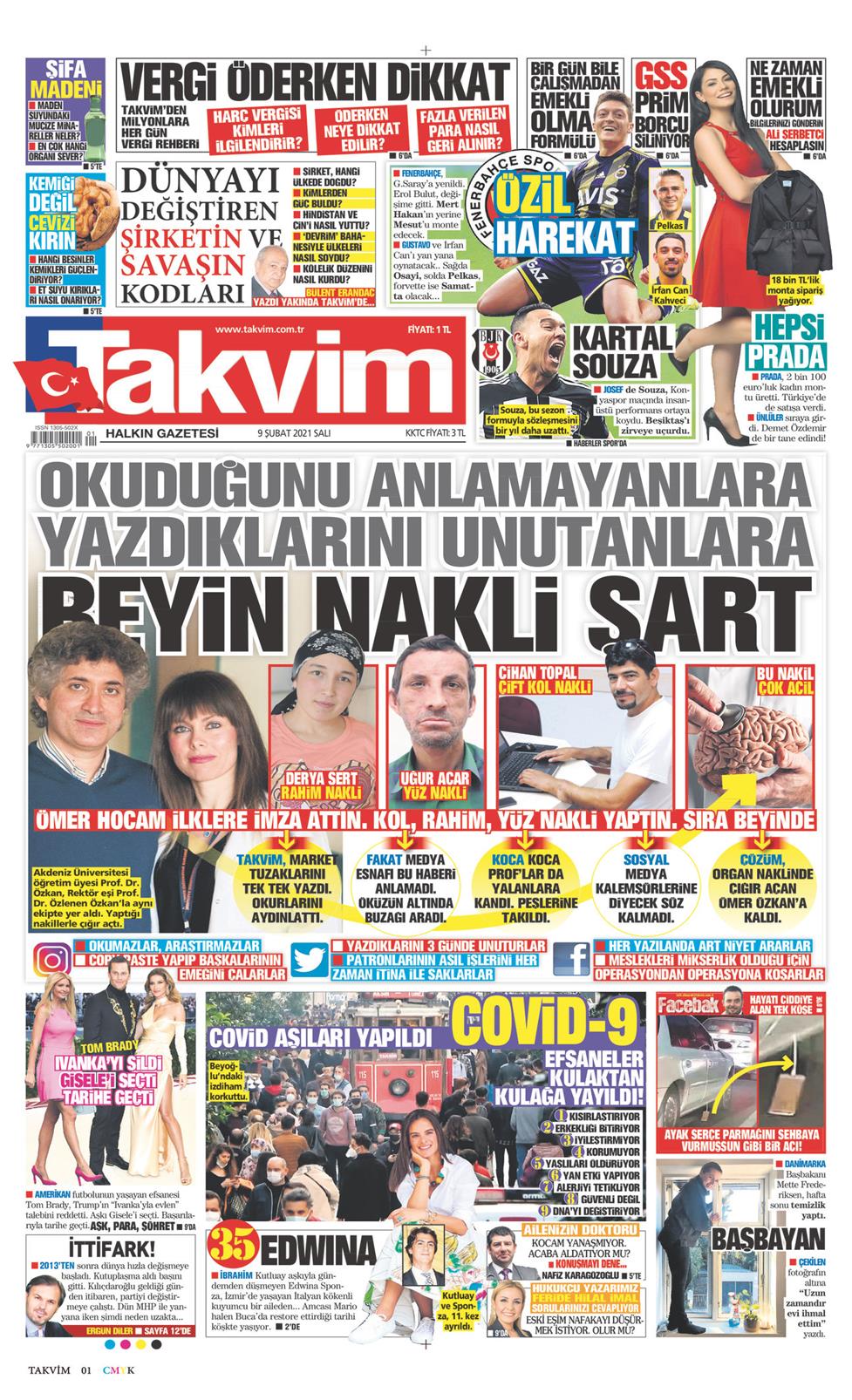 09 Şubat 2021 Salı - Takvim gazetesi manşet