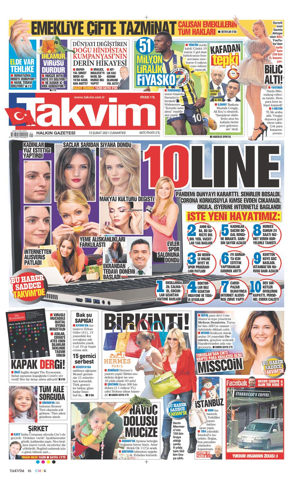 13 Şubat 2021 Cumartesi - Takvim gazetesi manşet