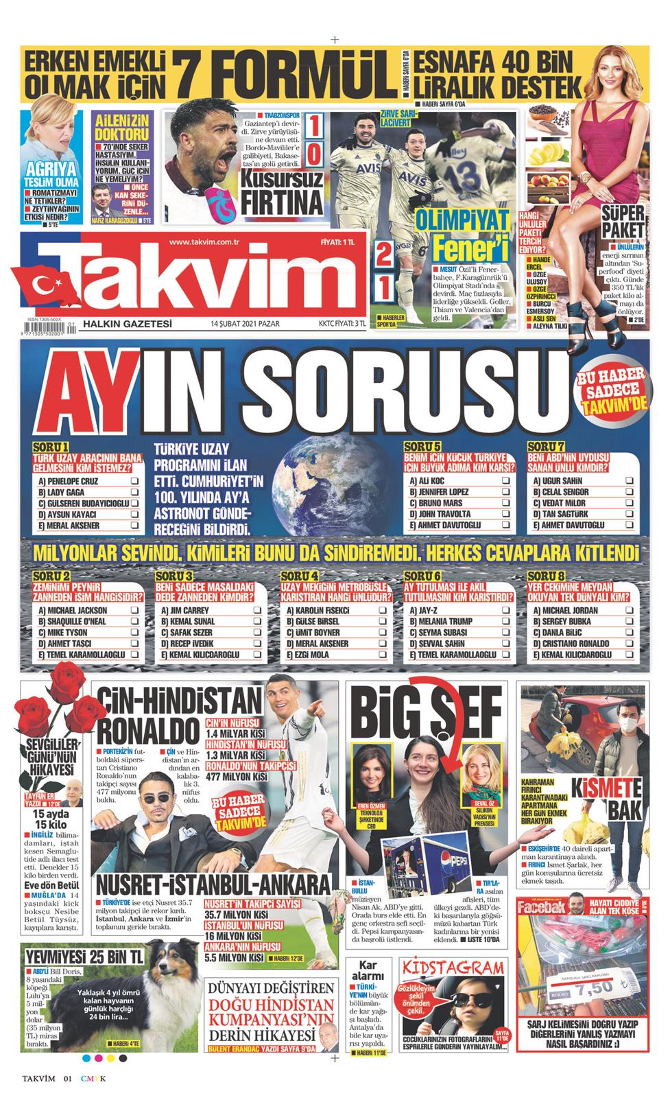 14 Şubat 2021 Pazar - Takvim gazetesi manşet