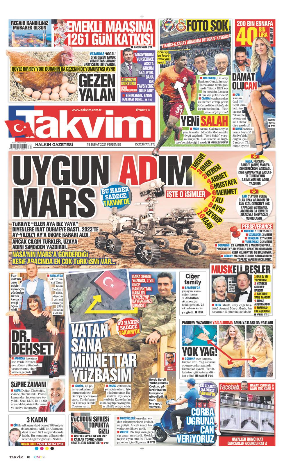 18 Şubat 2021 Perşembe - Takvim gazetesi manşet