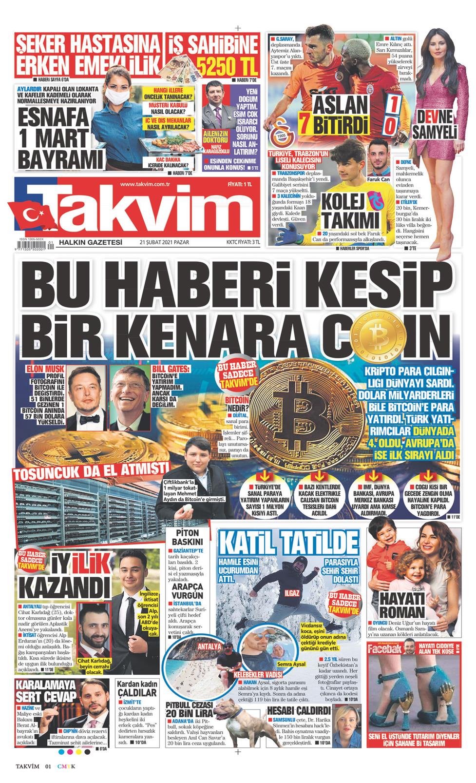 21 Şubat 2021 Pazar - Takvim gazetesi manşet