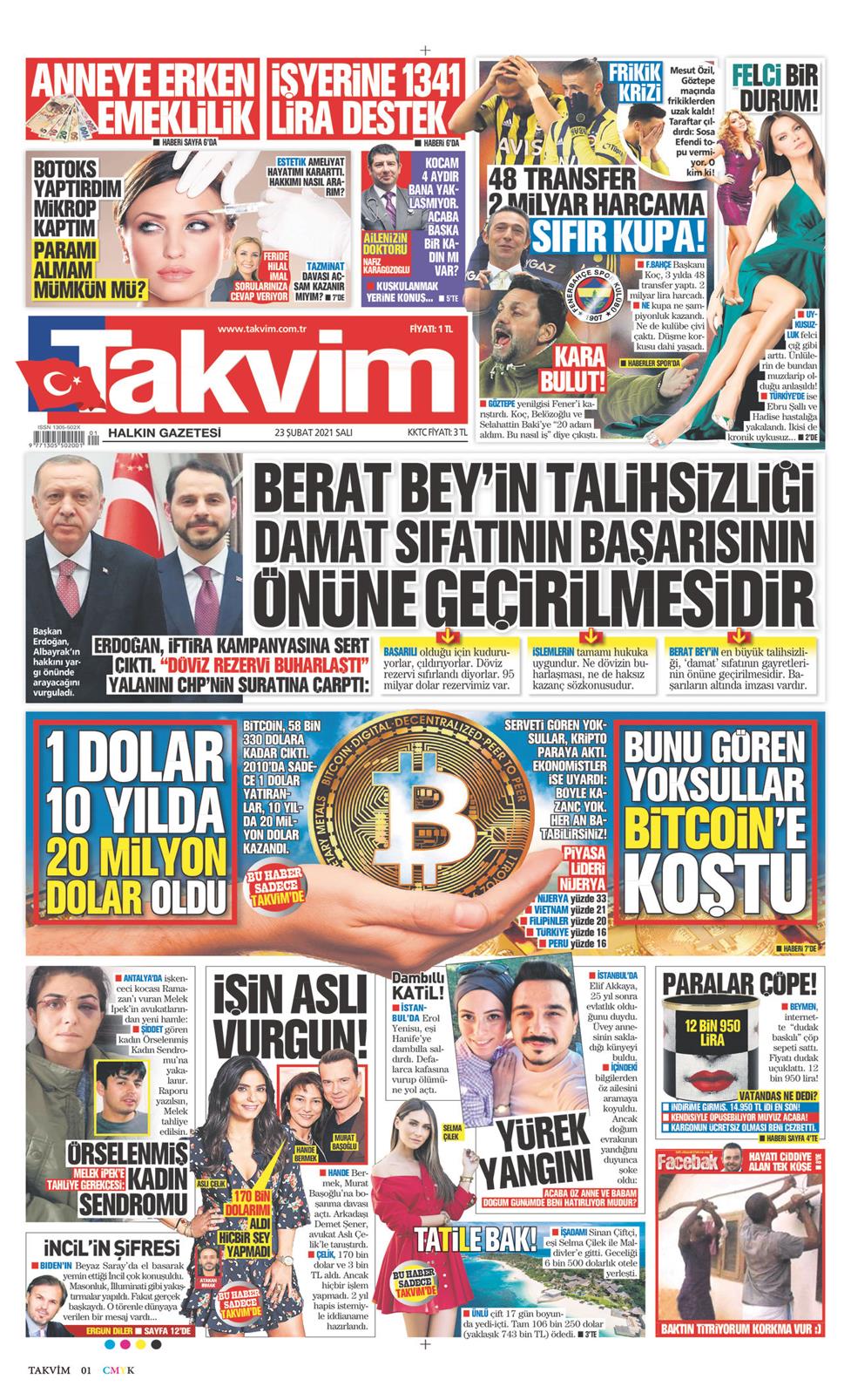 23 Şubat 2021 Salı - Takvim gazetesi manşet