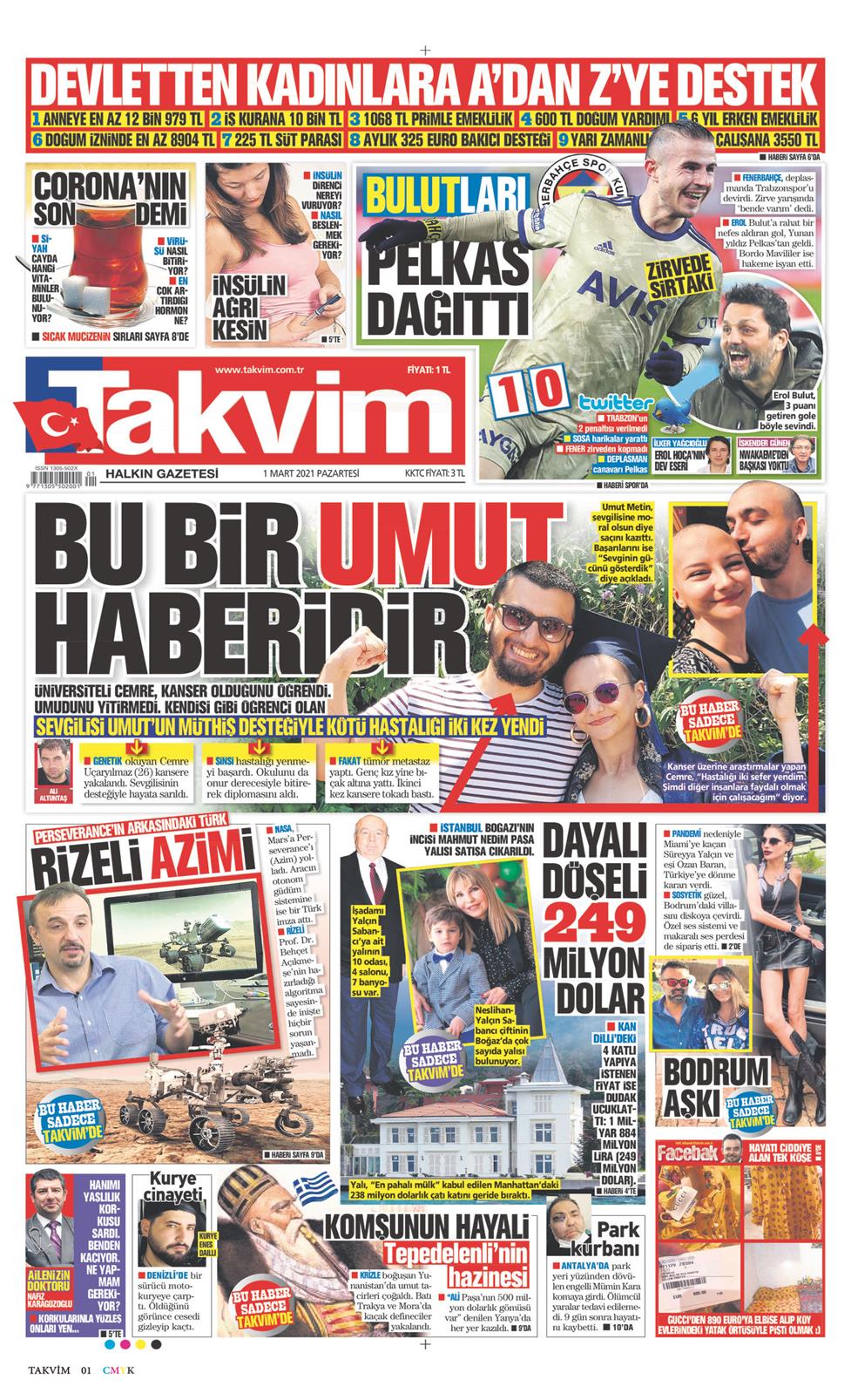 01 Mart 2021 Pazartesi - Takvim gazetesi manşet