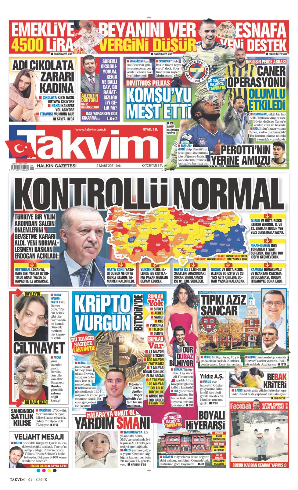 02 Mart 2021 Salı - Takvim gazetesi manşet