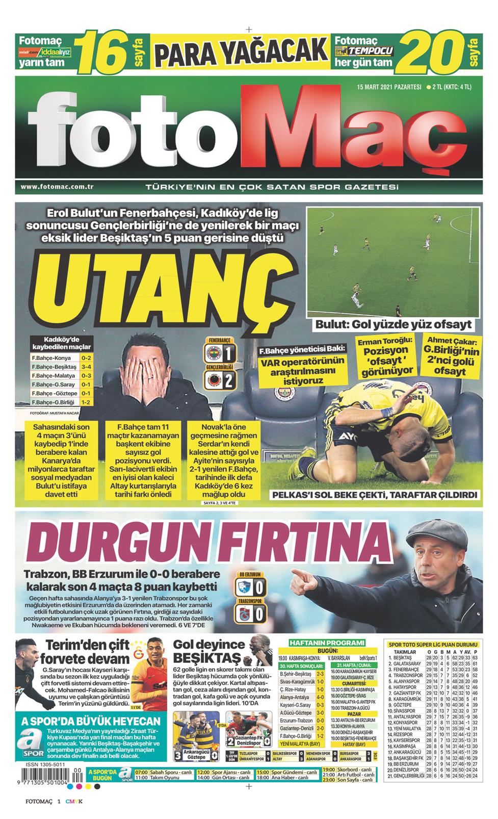 15 Mart 2021 Pazartesi - Fotomaç gazetesi manşet