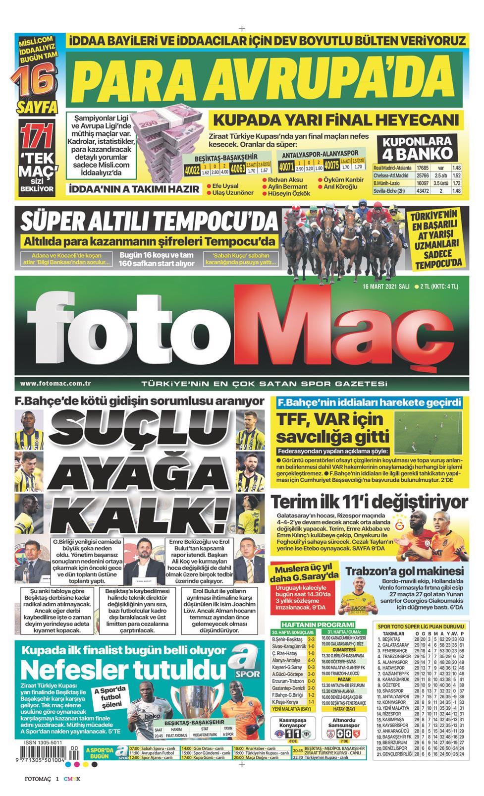 16 Mart 2021 Salı - Fotomaç gazetesi manşet