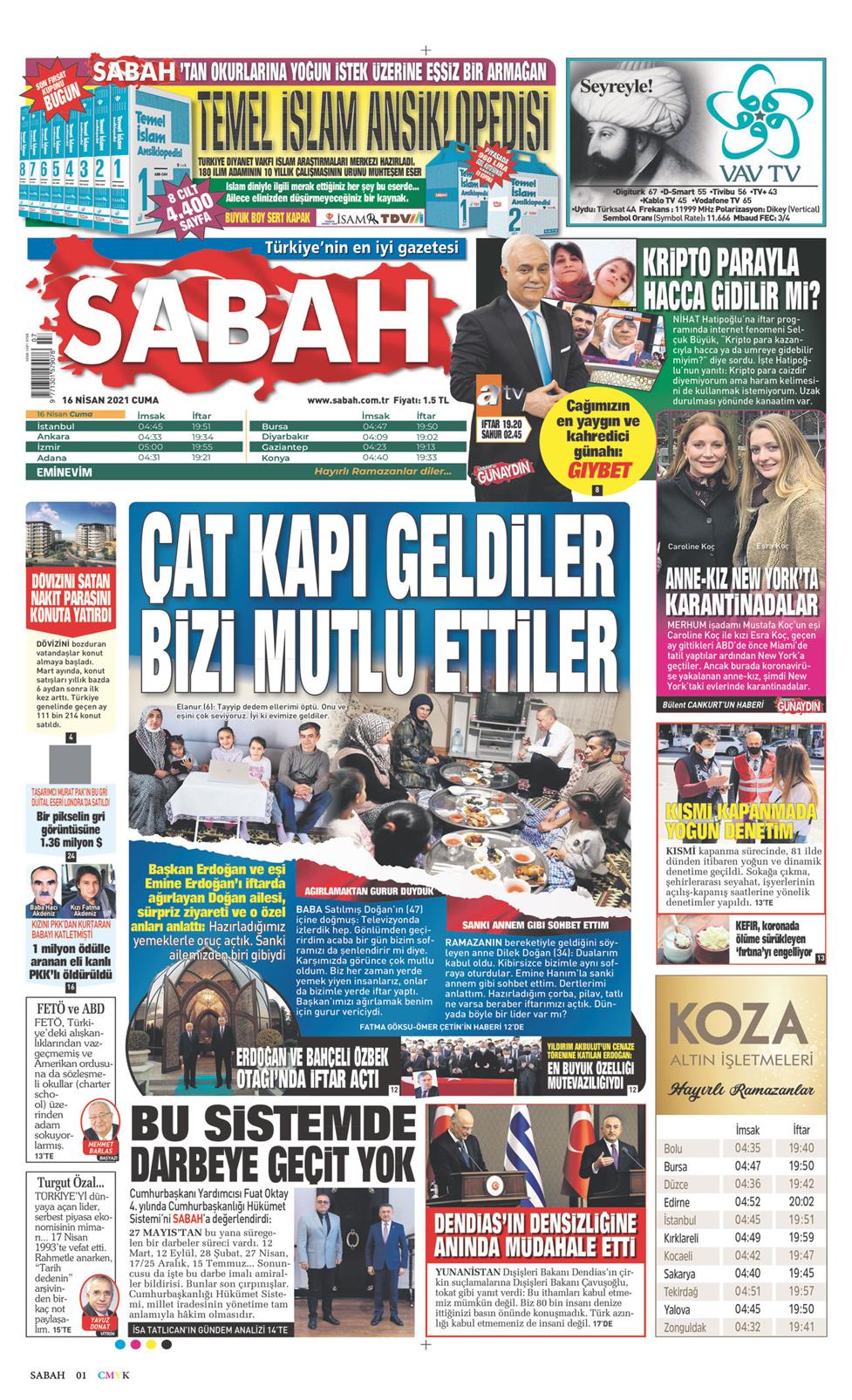 16 Nisan 2021 Cuma - Sabah gazetesi manşet