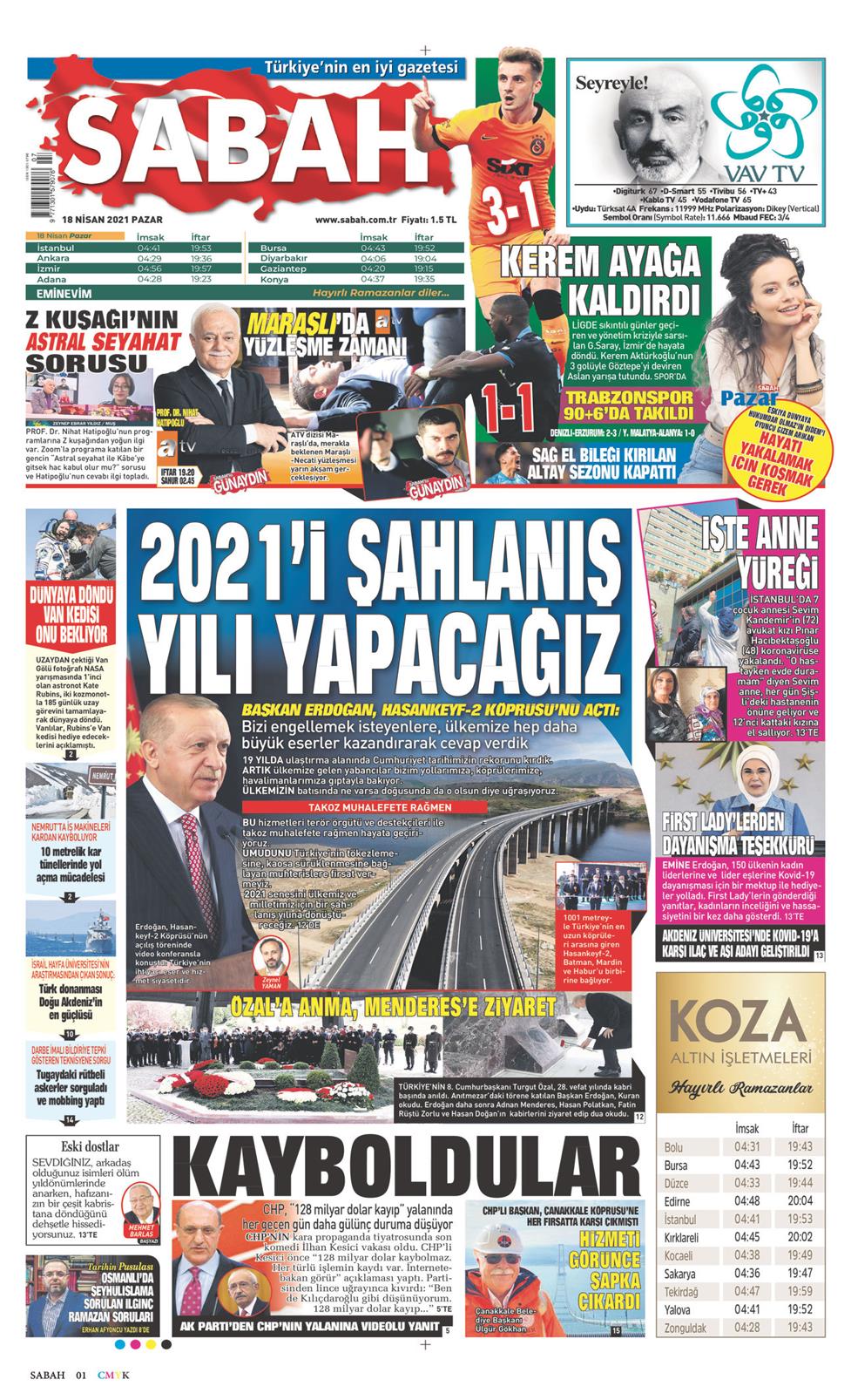 18 Nisan 2021 Pazar - Sabah gazetesi manşet