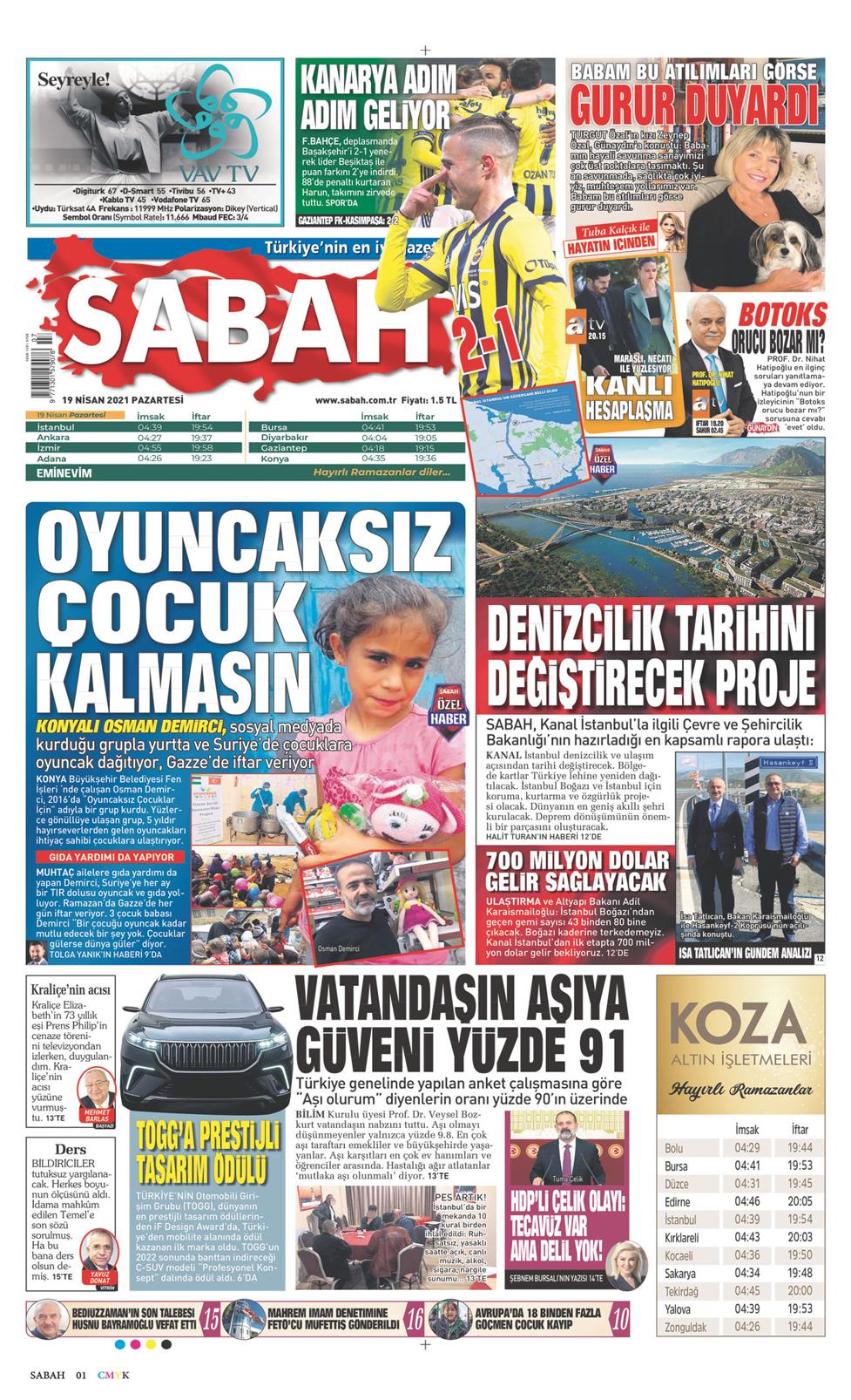 19 Nisan 2021 Pazartesi - Sabah gazetesi manşet