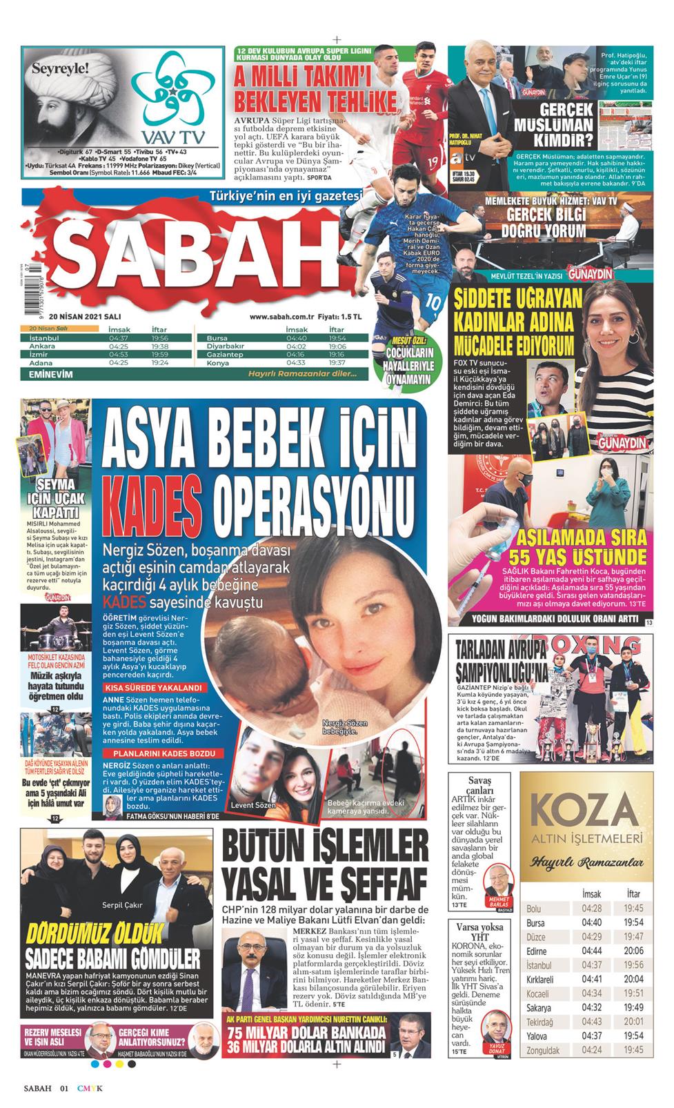 20 Nisan 2021 Salı - Sabah gazetesi manşet