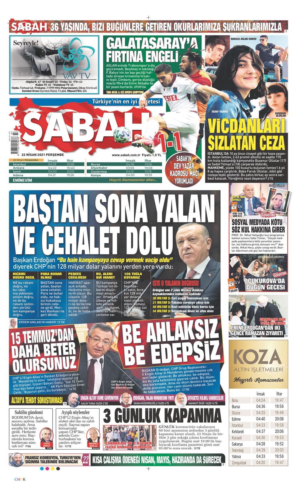 22 Nisan 2021 Perşembe - Sabah gazetesi manşet