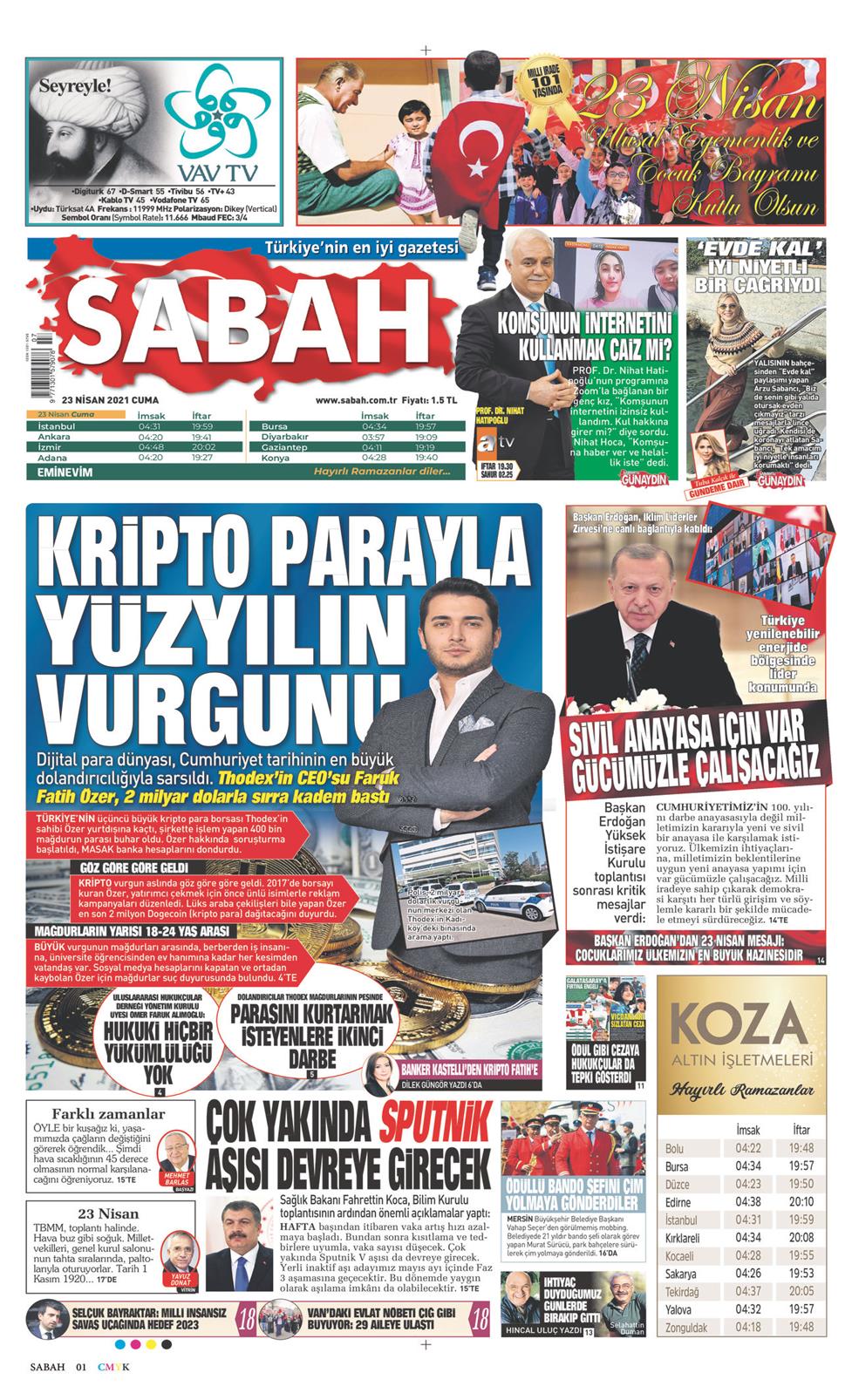23 Nisan 2021 Cuma - Sabah gazetesi manşet