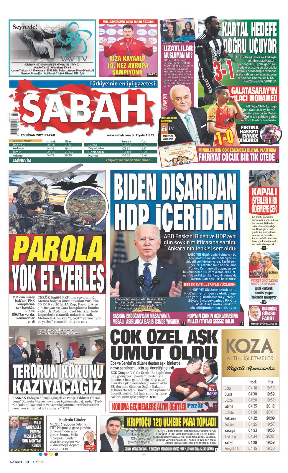 25 Nisan 2021 Pazar - Sabah gazetesi manşet