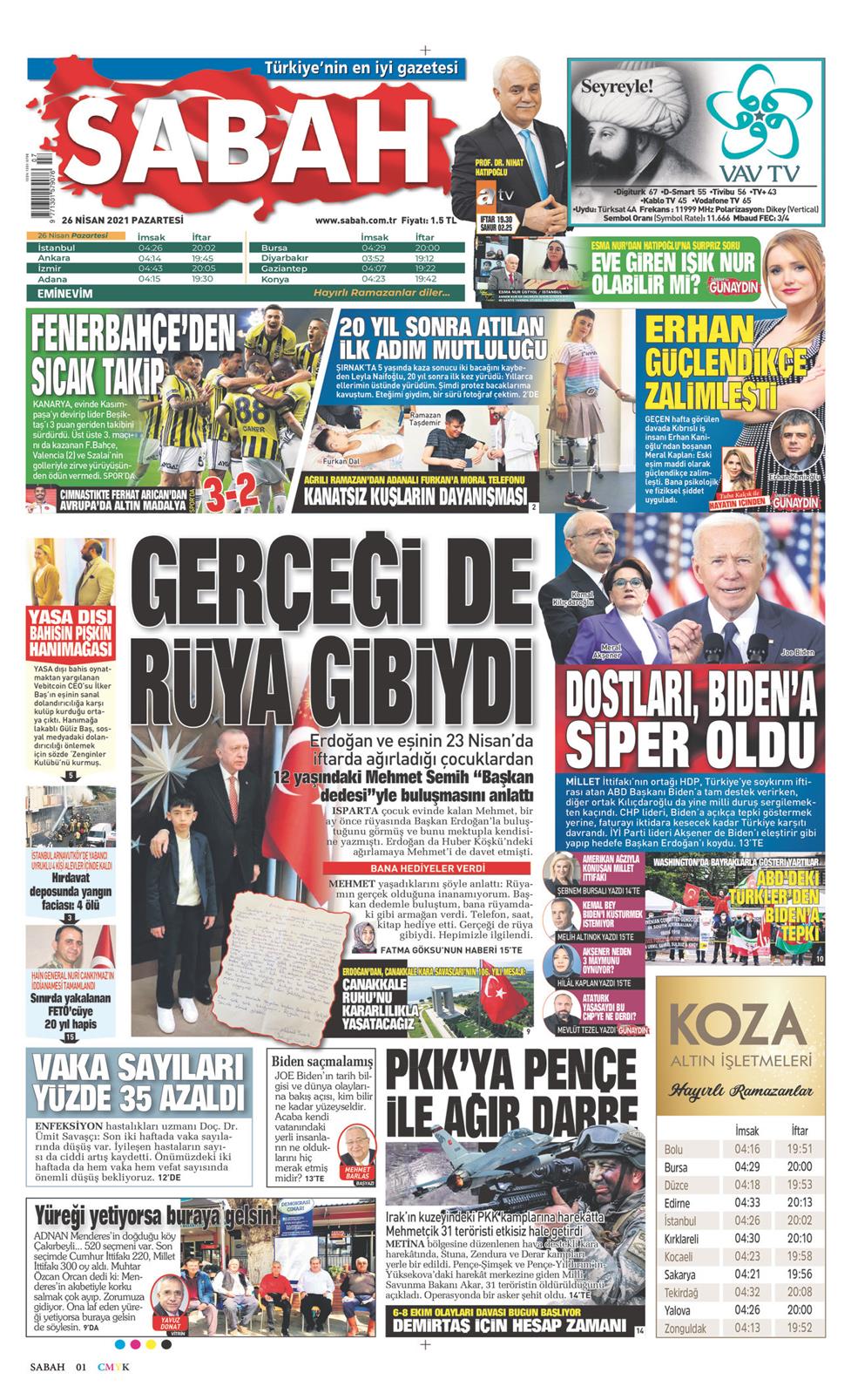 26 Nisan 2021 Pazartesi - Sabah gazetesi manşet