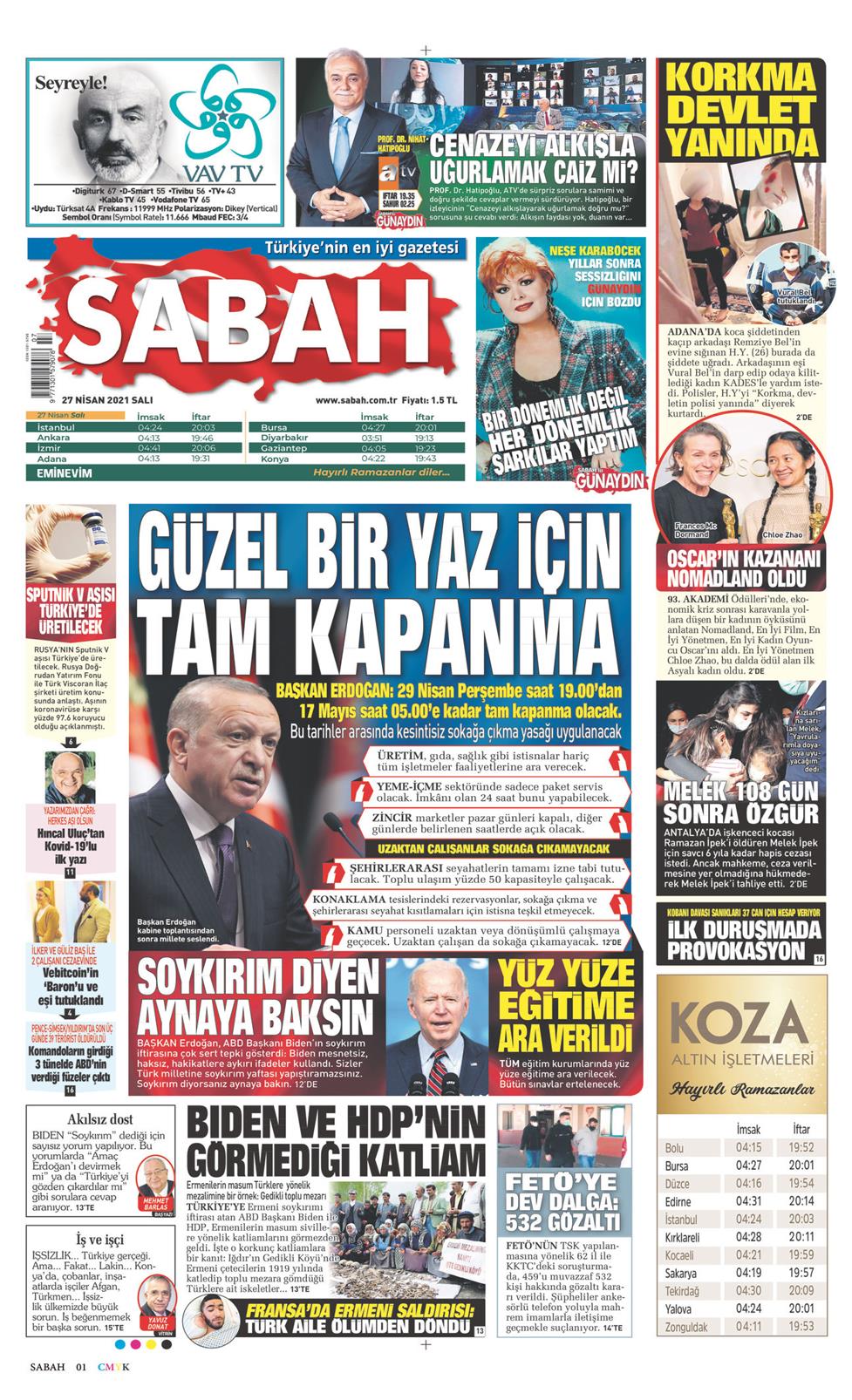 27 Nisan 2021 Salı - Sabah gazetesi manşet
