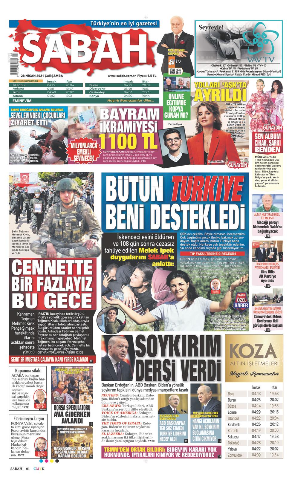28 Nisan 2021 Çarşamba - Sabah gazetesi manşet