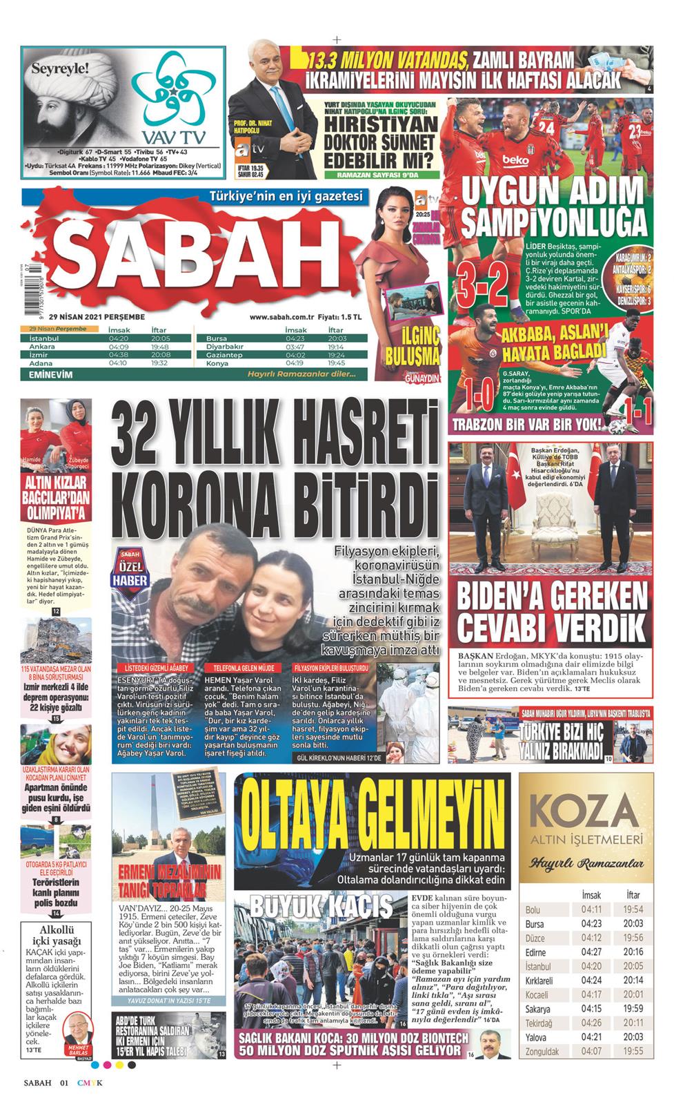 29 Nisan 2021 Perşembe - Sabah gazetesi manşet