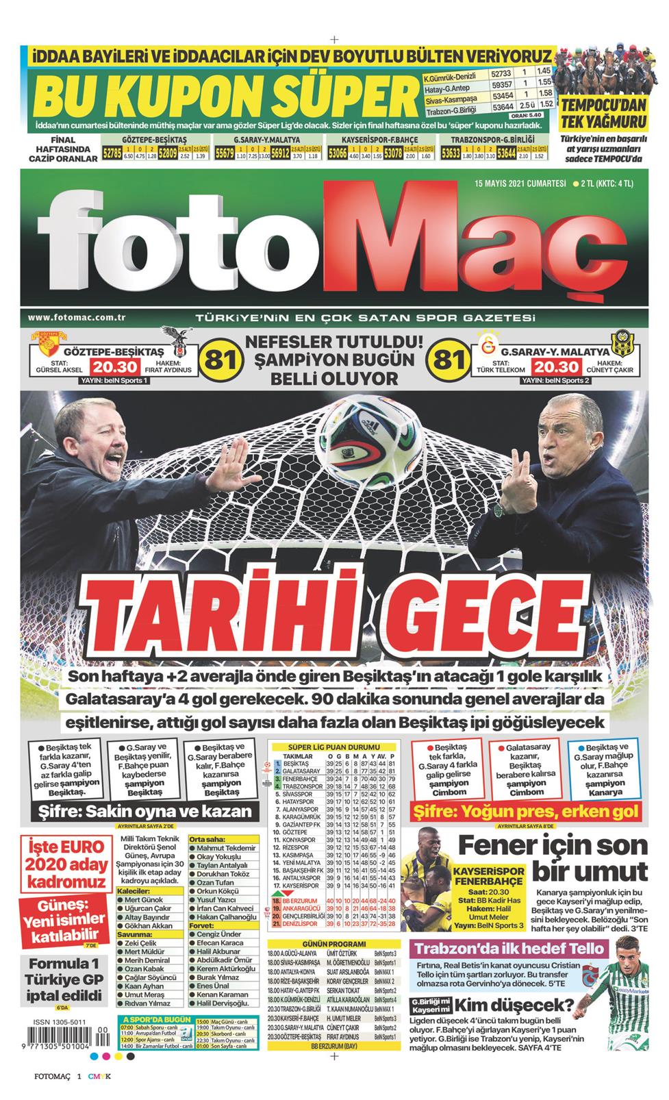 15 Mayıs 2021 Cumartesi - Fotomaç gazetesi manşet