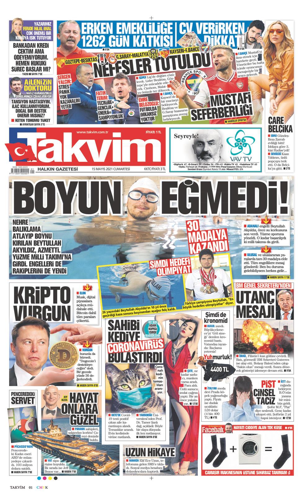15 Mayıs 2021 Cumartesi - Takvim gazetesi manşet