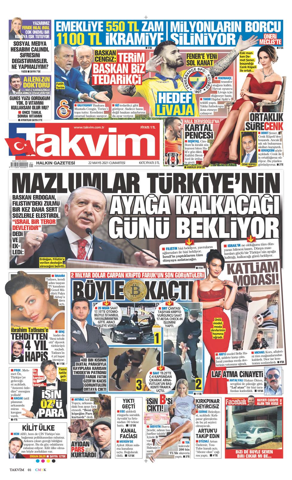 22 Mayıs 2021 Cumartesi - Takvim gazetesi manşet