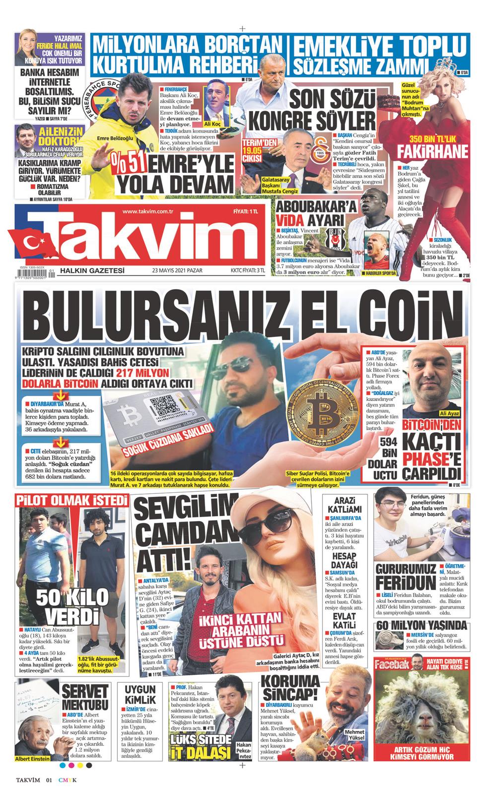 23 Mayıs 2021 Pazar - Takvim gazetesi manşet