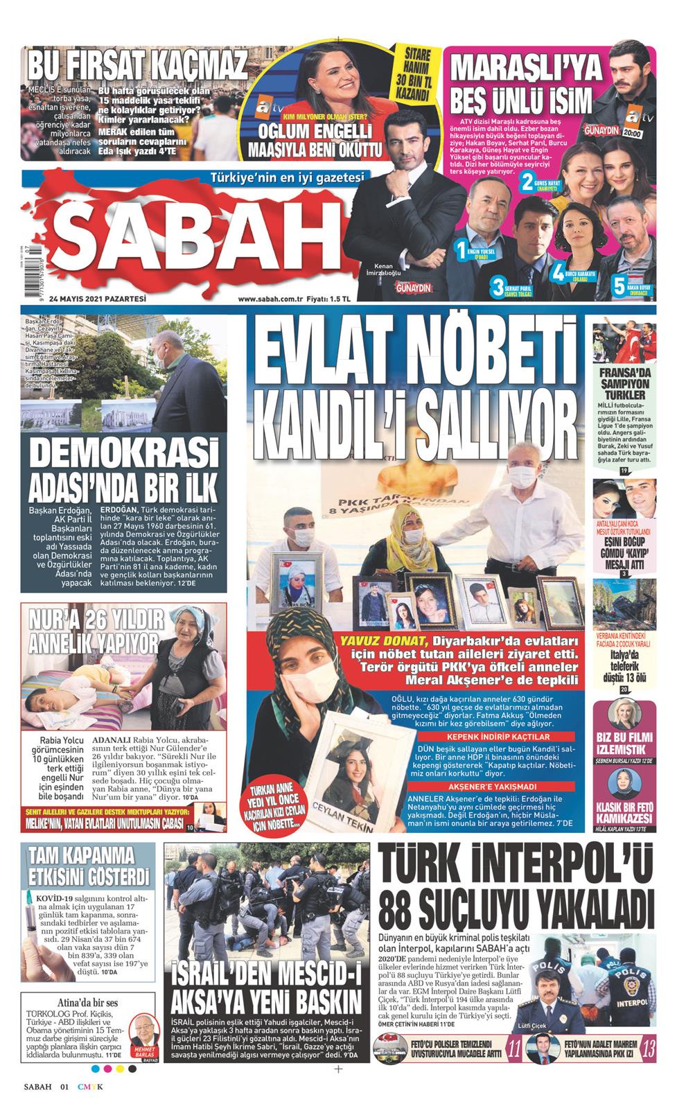 24 Mayıs 2021 Pazartesi - Sabah gazetesi manşet