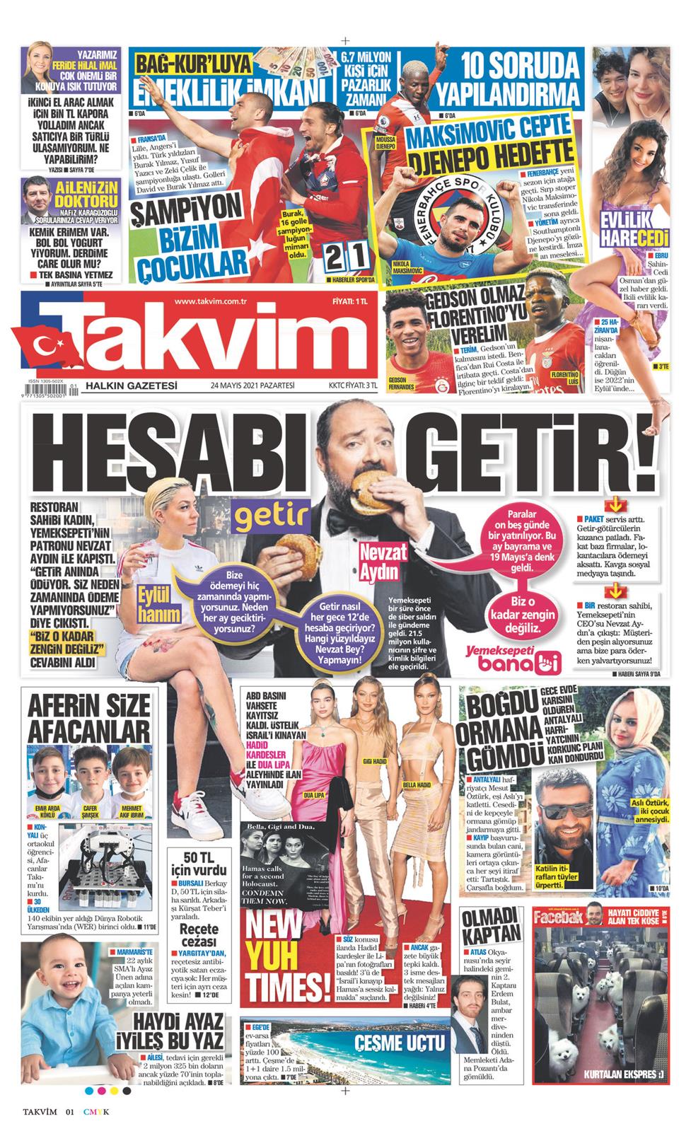 24 Mayıs 2021 Pazartesi - Takvim gazetesi manşet