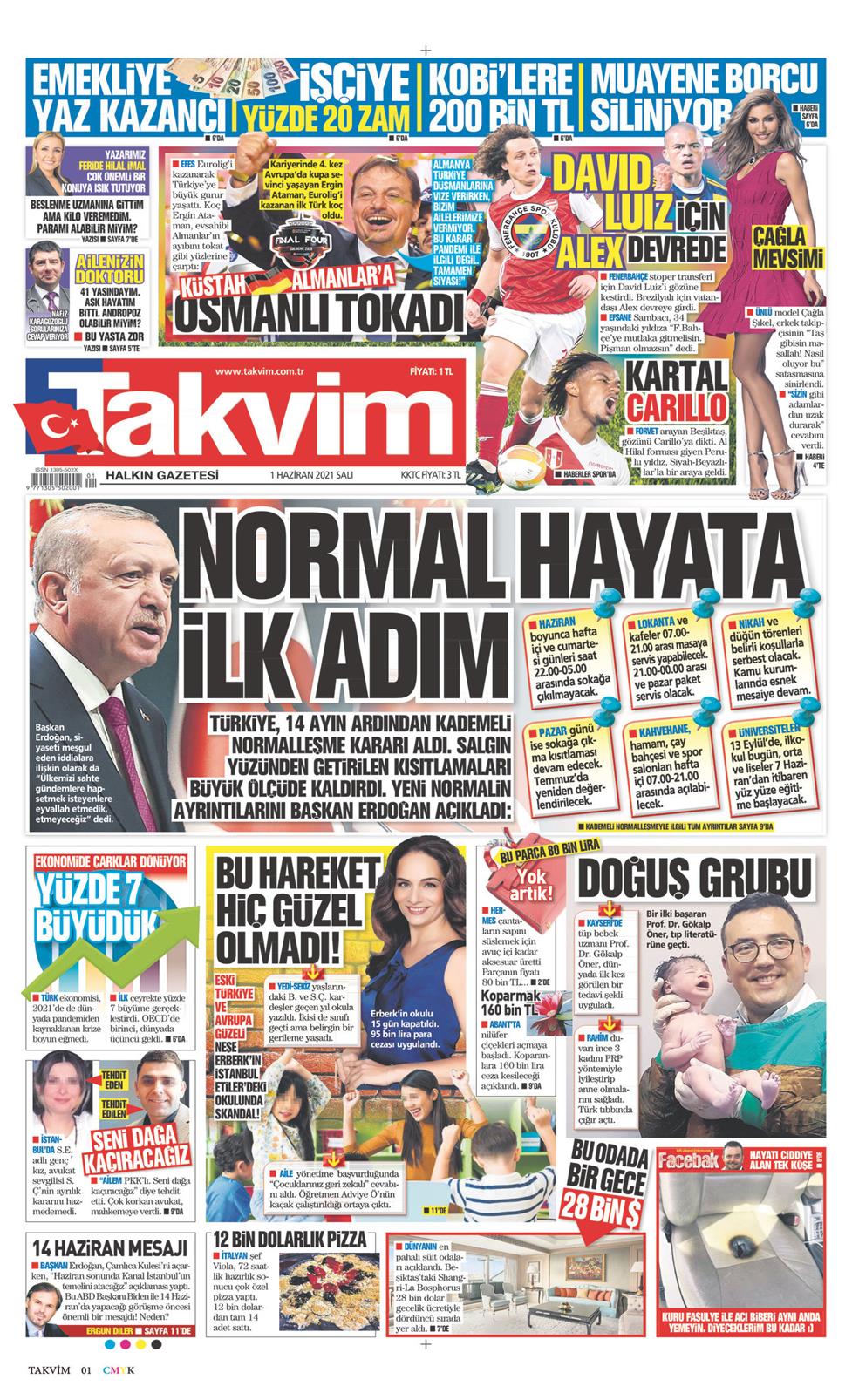 Takvim Gazetesi 1 Haziran 2021, Salı Günü Manşeti