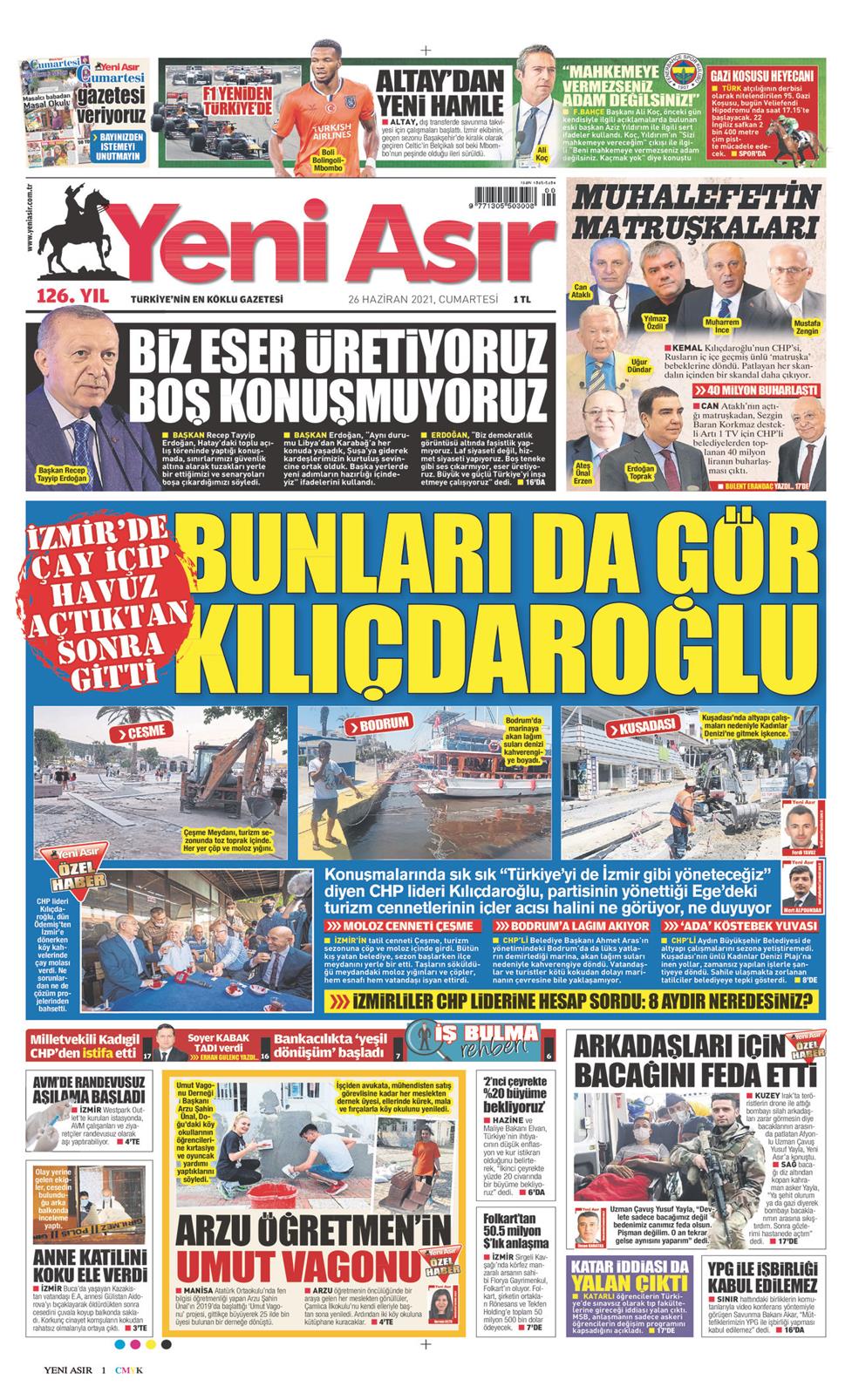 26 Haziran 2021 Cumartesi - Yeni Asır gazetesi manşet